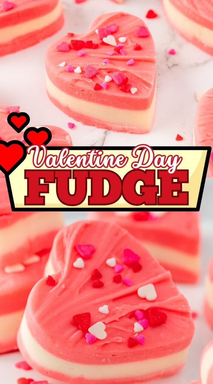 Pink Valentine heart fudge decorated with sprinkles, arranged as a homemade Valentine’s Day chocolate treat.