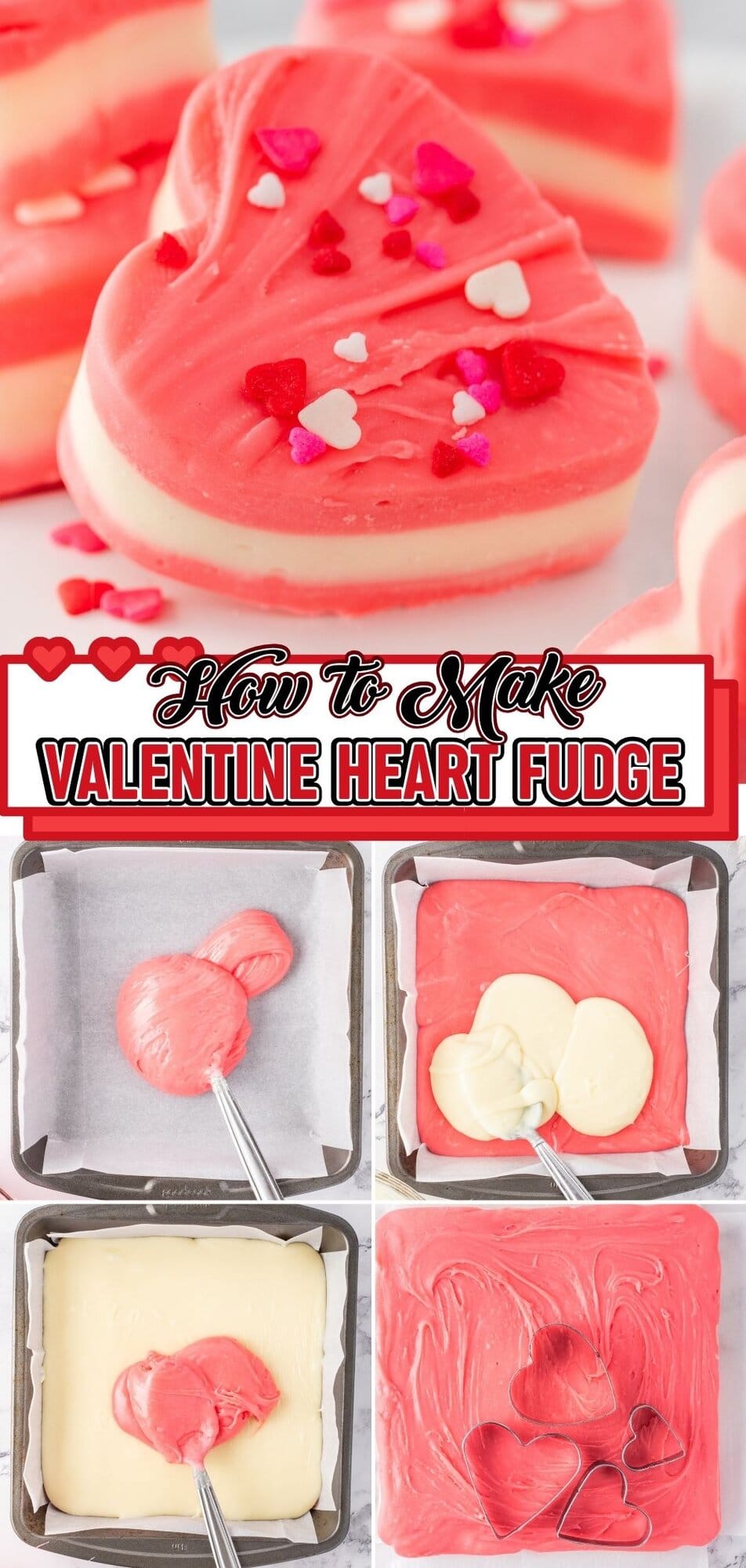 Close up of pink valentine heart fudge decorated with sprinkles, arranged as a homemade Valentine’s Day chocolate treat.