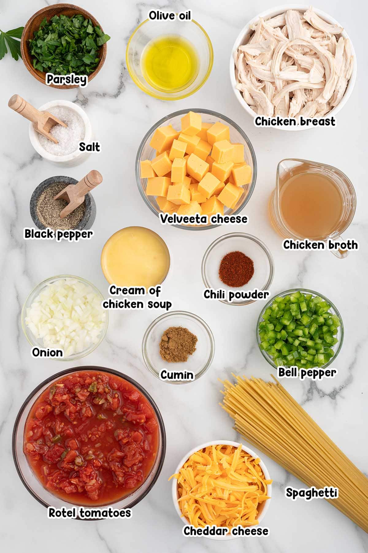 Rotel Chicken Spaghetti ingredients.