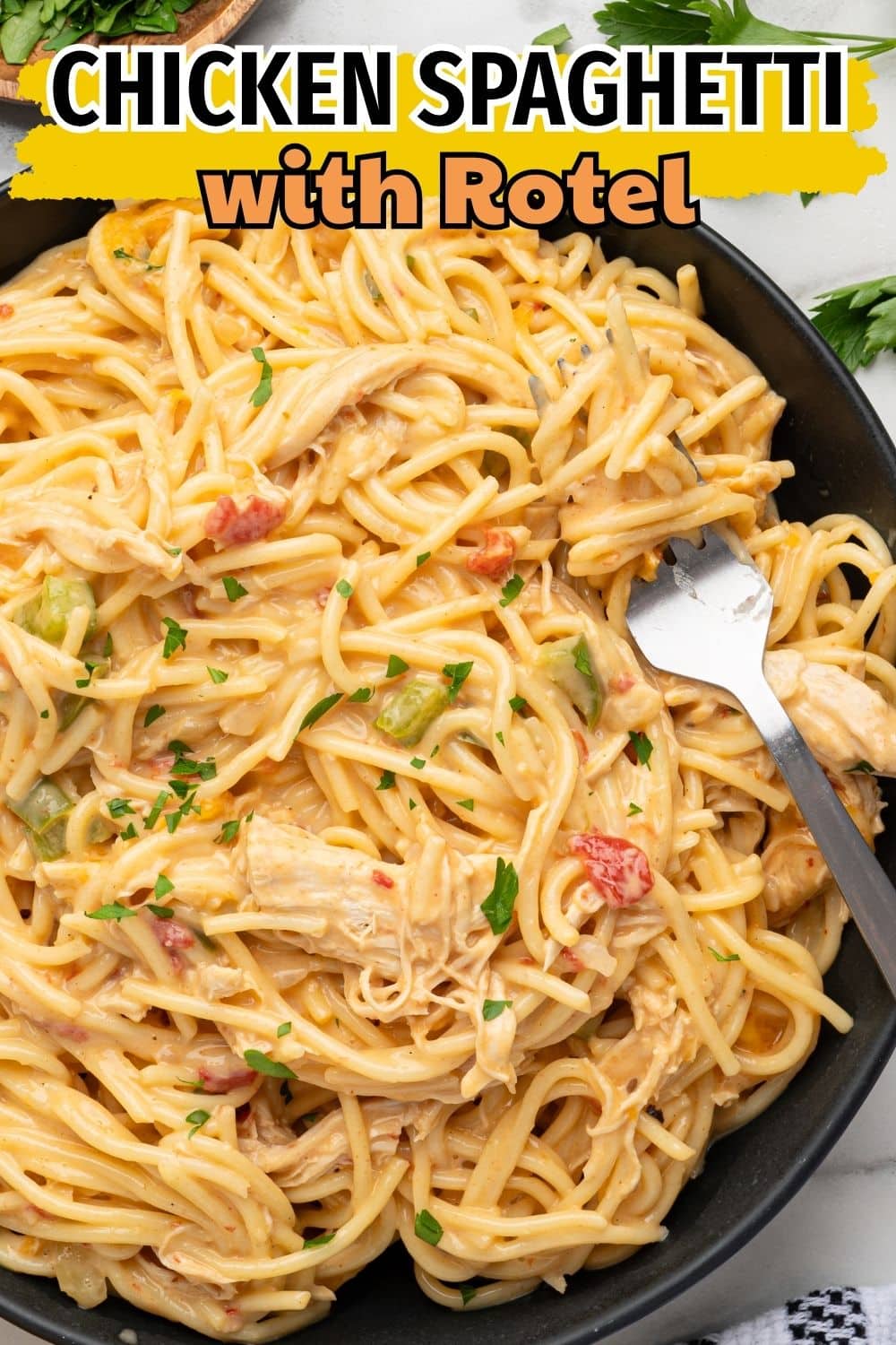 Chicken Spaghetti with Rotel in a creamy cheese sauce with peppers and tomatoes, garnished with parsley in a black bowl.