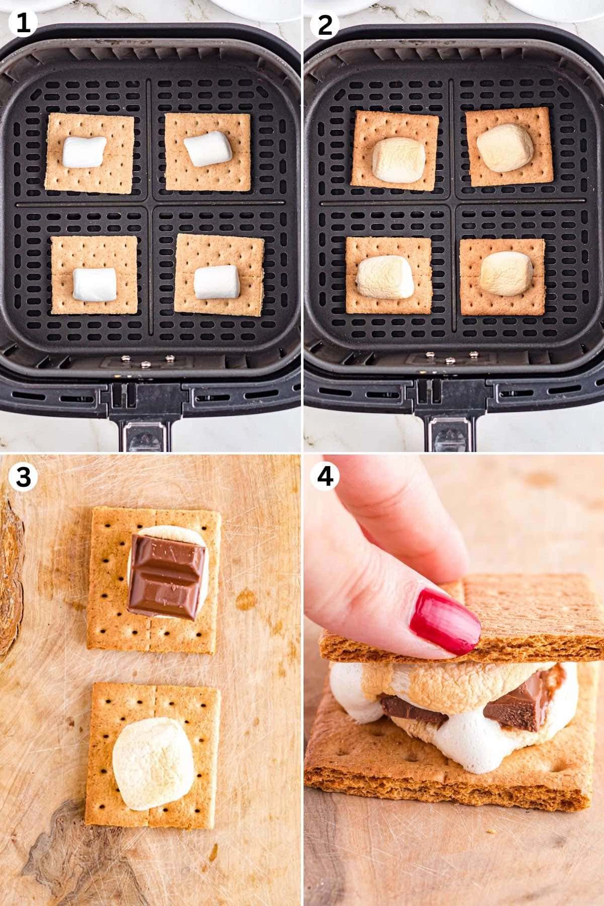 Place the crackers and marshmallow in the air fryer. Air fry the cracker. Remove from the air fryer then top with chocolate squares. Top the chocolate with the other graham cracker half.
