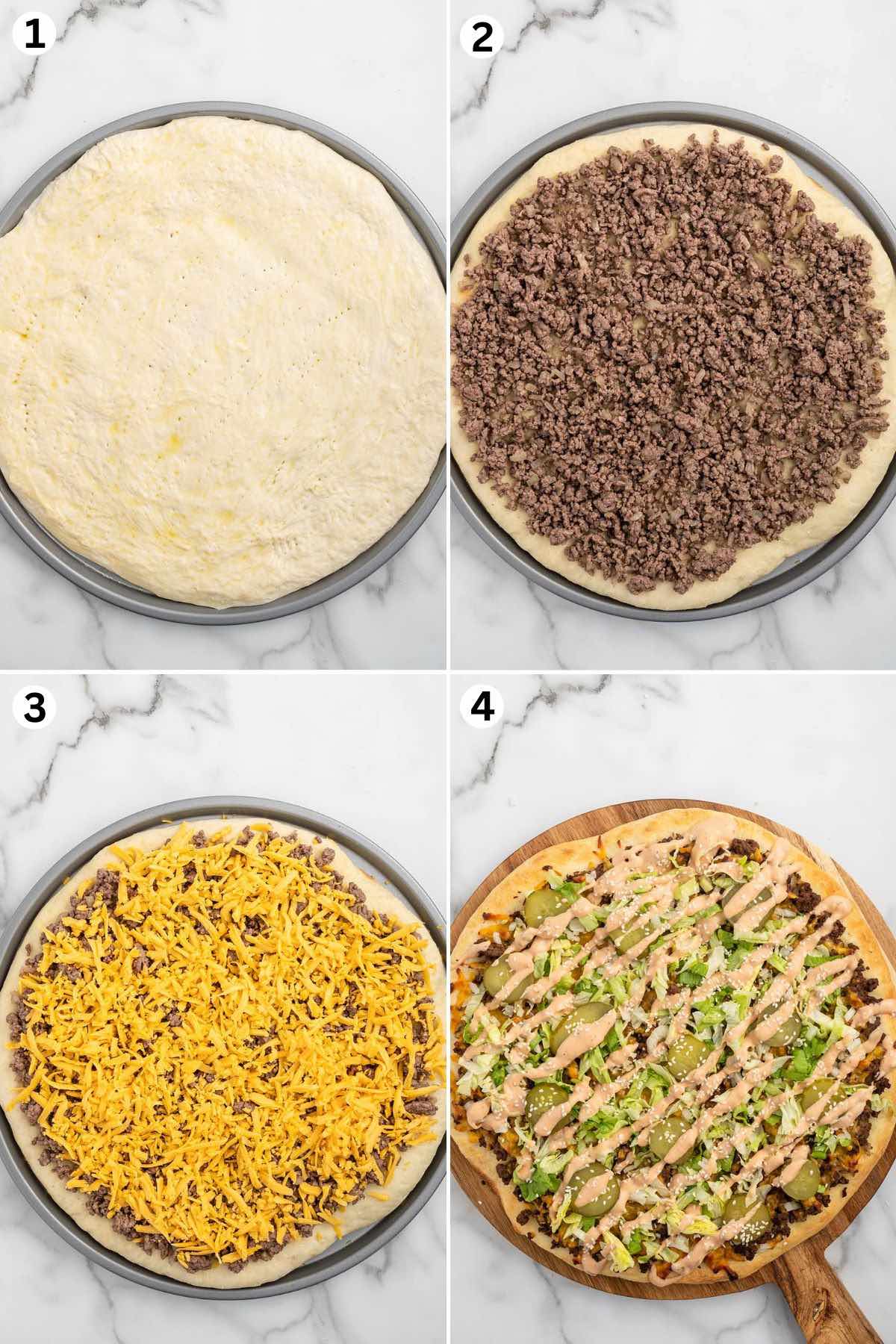 step 1. Poke holes all over the entire surface of the pizza dough then bake.
step 2. Spoon the ground beef mixture onto the par-baked pizza dough.
step 3. Top with cheese then bake.
step 4. Sprinkle shredded iceberg lettuce, diced onion, dill pickle and drizzle the Thousand Island dressing over the entire pizza.