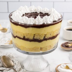 Boston Cream Pie Trifle garnished with whipped topping.