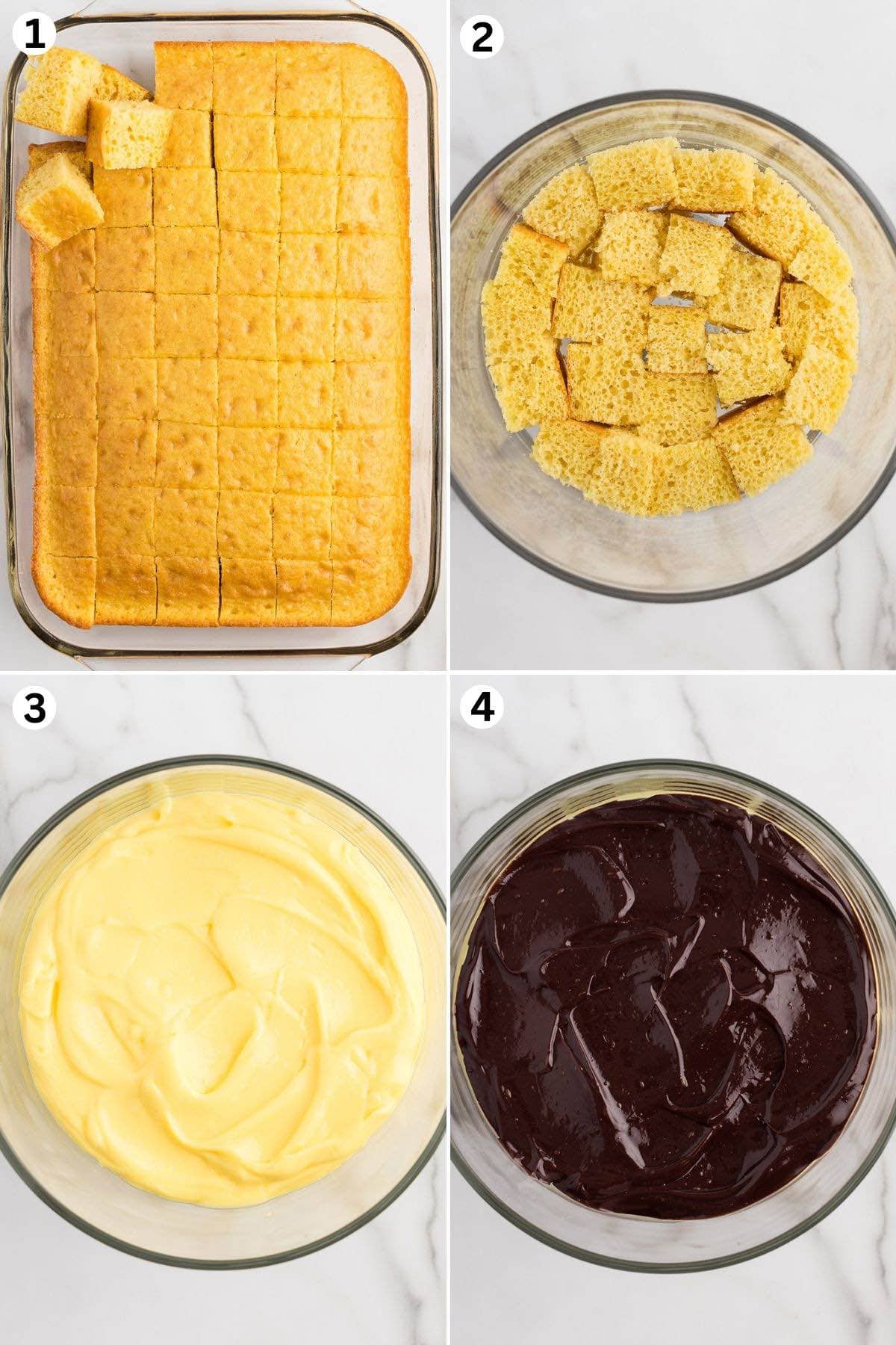 Cut the yellow cake into cubes. Add a single layer of cubed cake to the bottom of a trifle bowl. Spread the pudding over the cake. Drizzle a layer of the chocolate filling over the pudding layer.