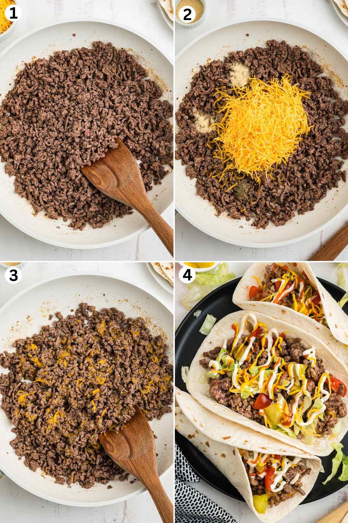 Cook the ground beef. Mix in the cheese. Stir until the cheese is fully melted. Distribute the beef mixture into the flour tortillas and garnish.