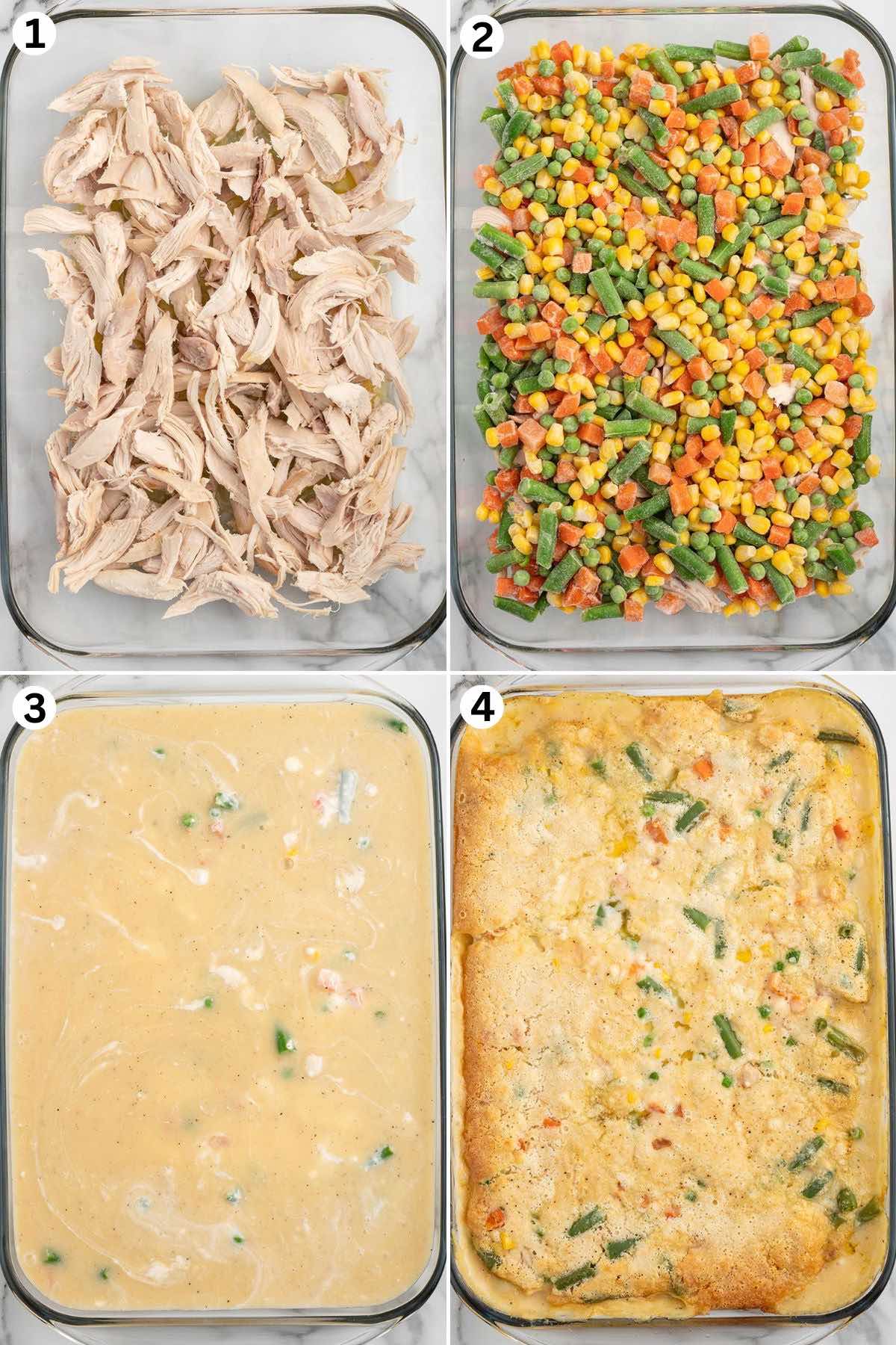 spread the shredded chicken. pour the frozen veggies on top of the chicken. pour the soup mixture and bake.