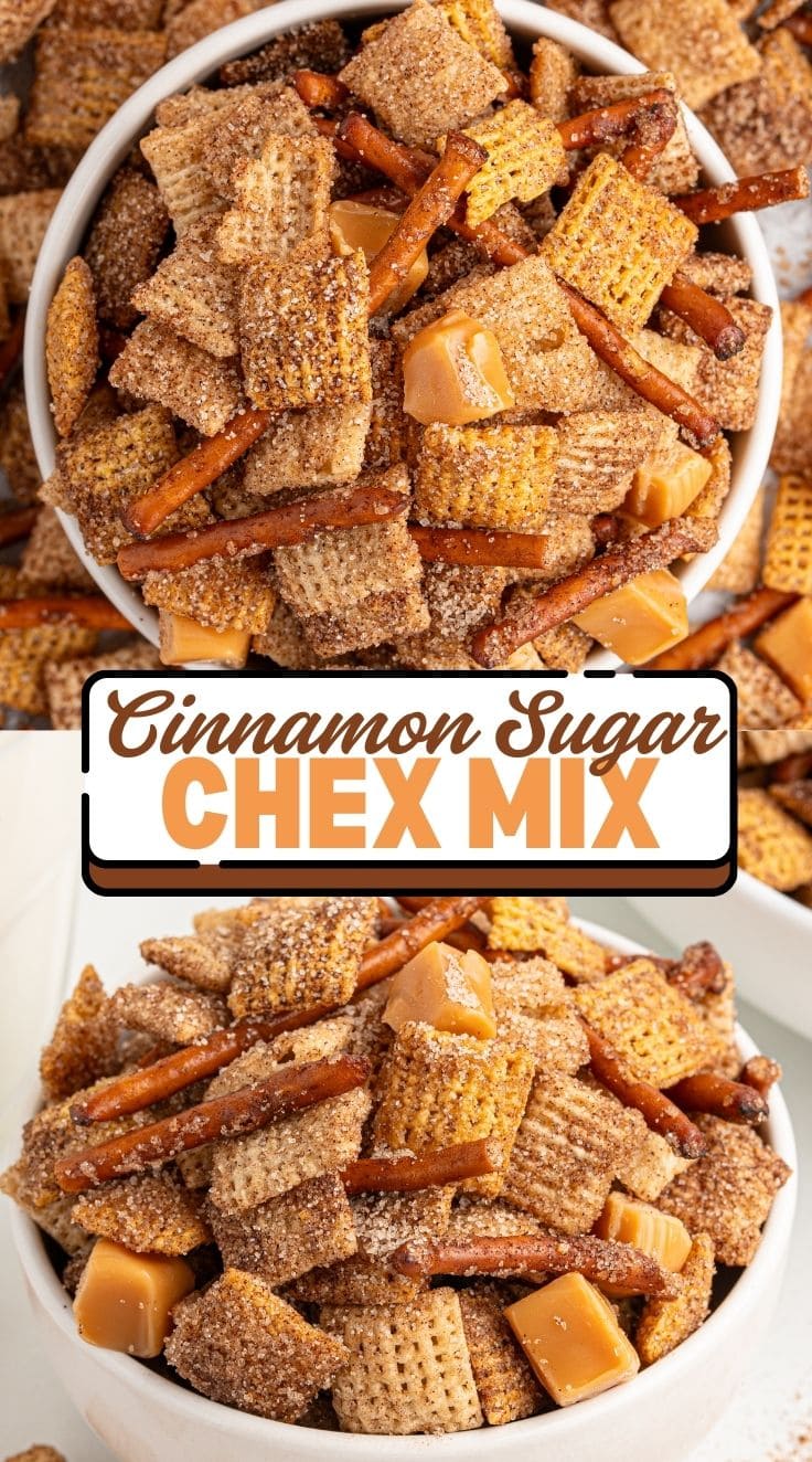 Close up of churro chex mix coated with cinnamon sugar served in a white bowl