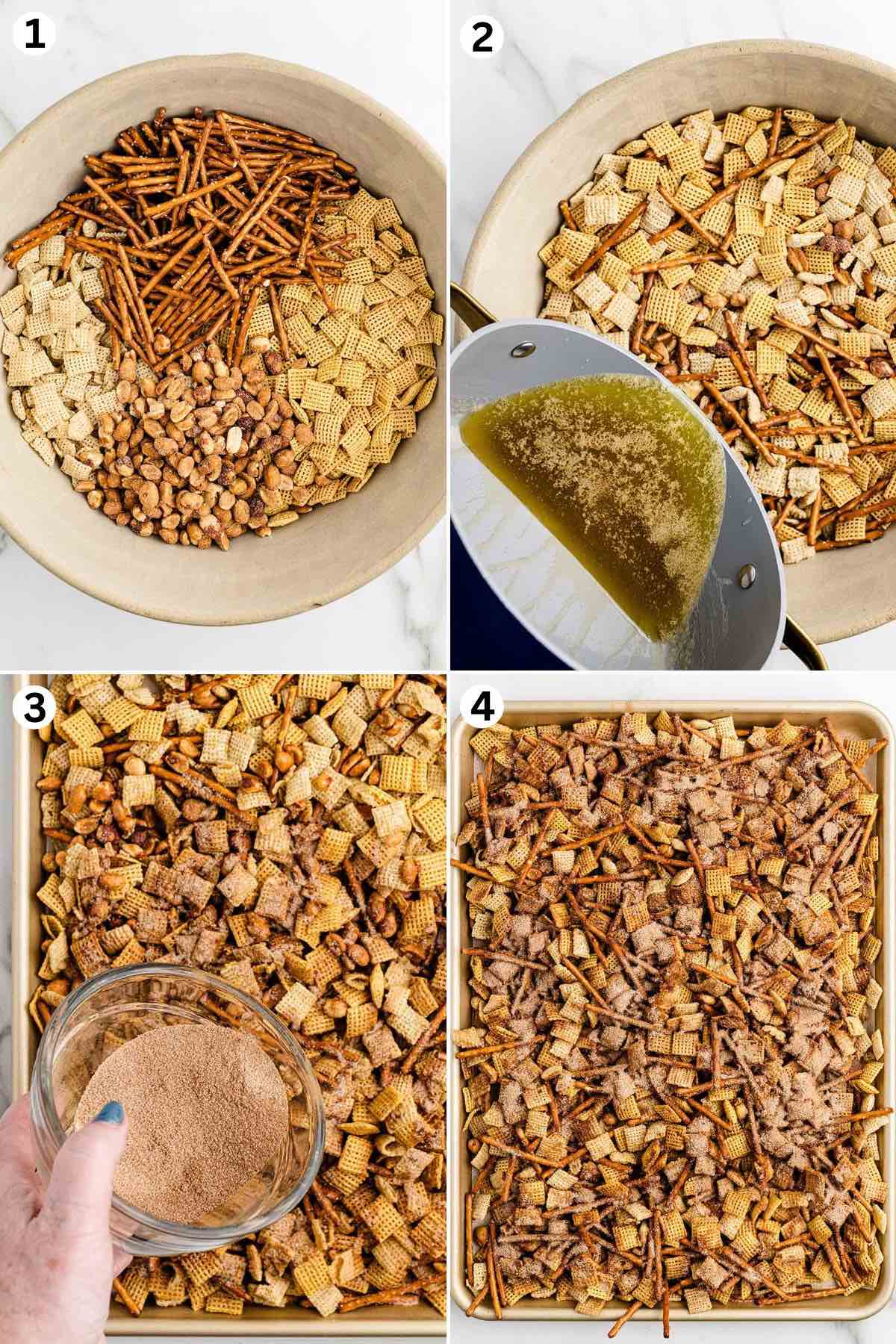 put all ingredients in a big bowl. Pour melted butter and mix to coat. Spread mixture in baking sheet and sprinkle with cinnamon sugar mix. Toss to coat.