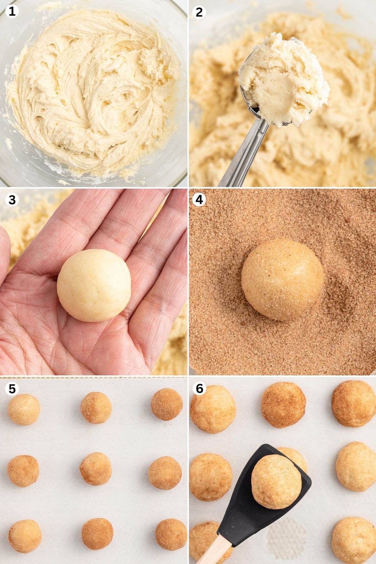 Cookie dough in mixing bowl. Scoop 1 tablespoon of the cookie dough. Roll into a ball. Roll the ball in the cinnamon sugar. Place them on the baking sheet and bake.
