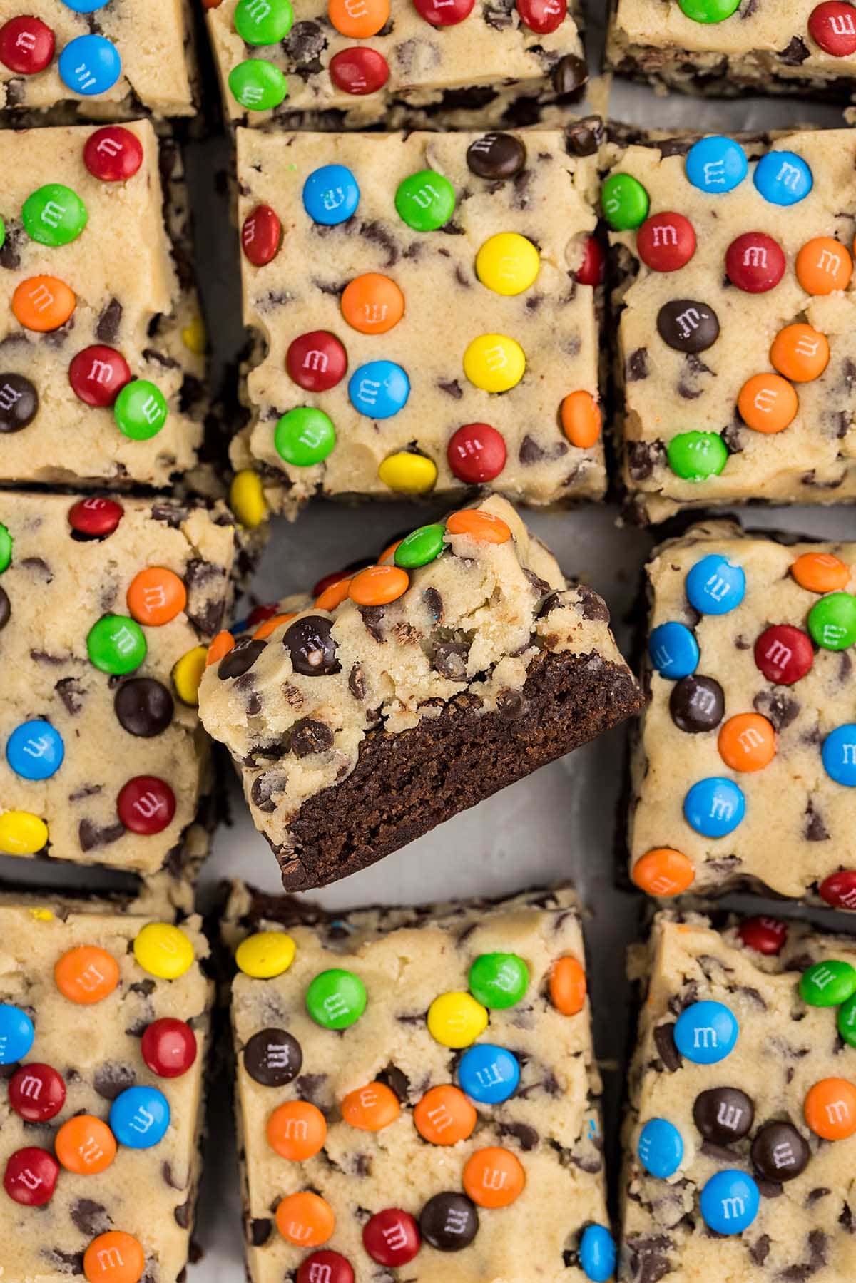 Cookie Dough Brownies cut into squares.