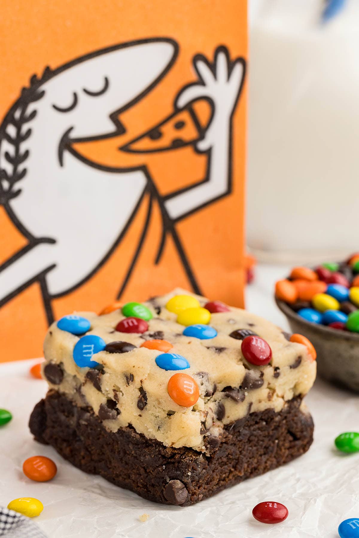 Cookie Dough Brownies on the table with Little Caesars paper bag.