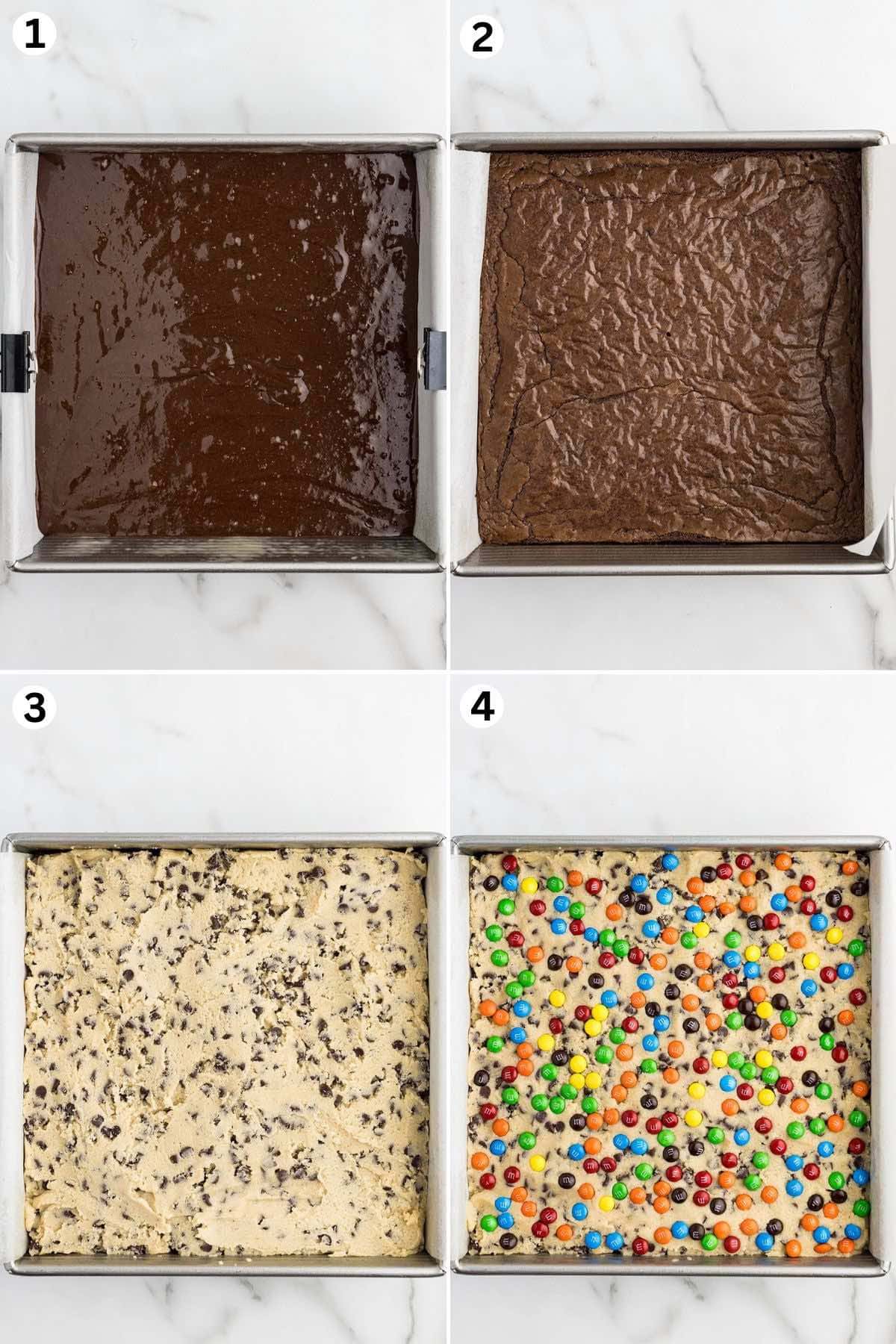 Spread the brownie batter into an even layer in the prepared baking pan. Bake. Spread the cookie dough on top of the brownies. Sprinkle the M&M's and press them down.