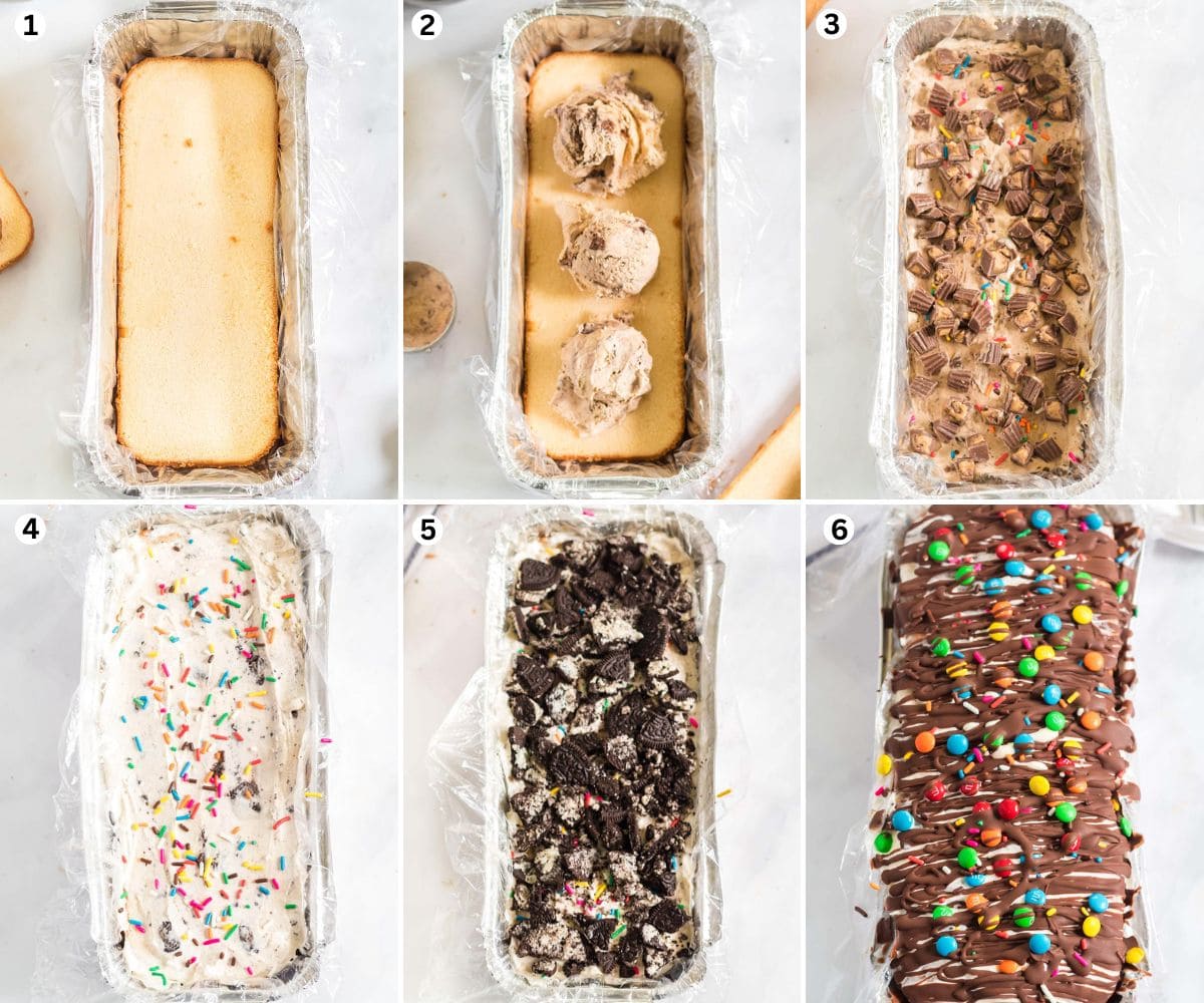 Place a layer of pound cake in the bottom of the pan, cover with ice cream, and sprinkle candy on top. Repeat the layers, ending with a layer of ice cream, and cover with the chocolate shell topping.