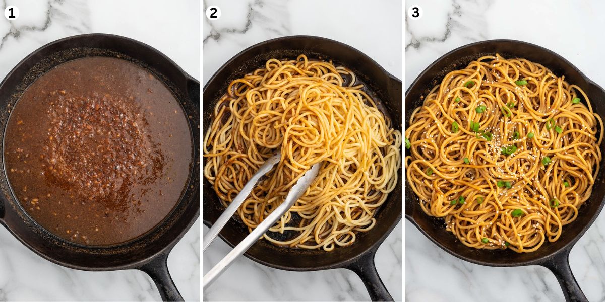 Make the sauce in a skillet. Add the noodles into the sauce and toss to mix.