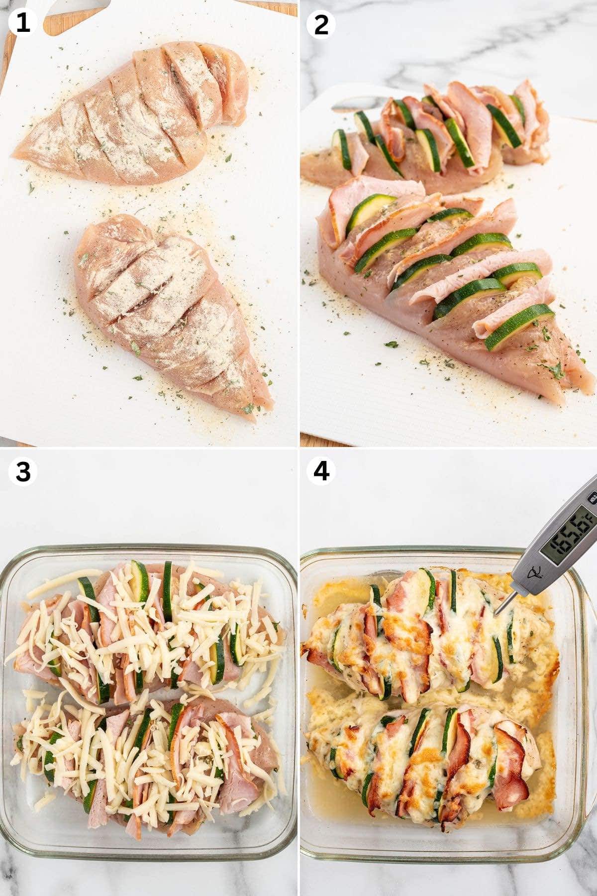 slice the chicken and sprinkle with seasoning. fill with vegetable pieces. sprinkle with shredded cheese and bake. 