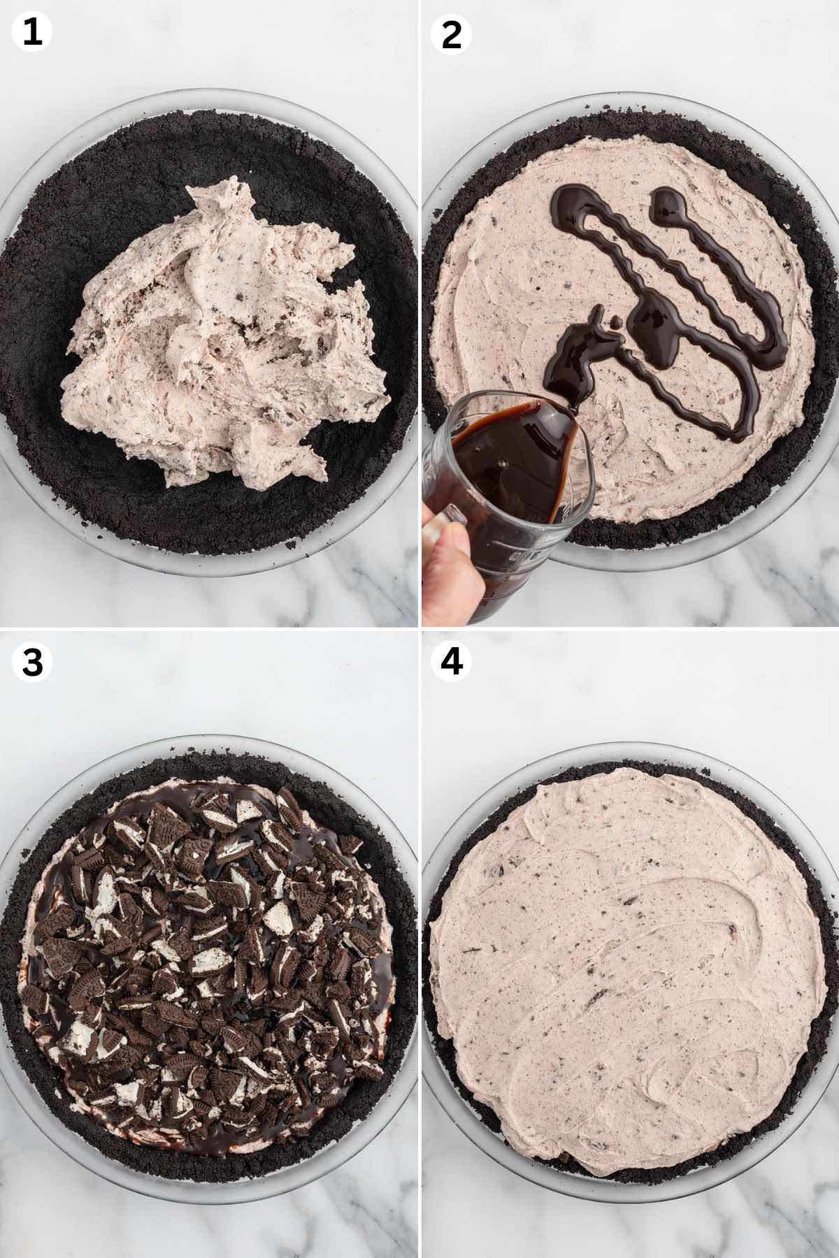 Press the buttered crumbs into the bottom to form the crust. Add the ice cream. Drizzle with chocolate sauce. Sprinkle chopped cookies over the chocolate sauce. Add ice cream over the cookie layer.