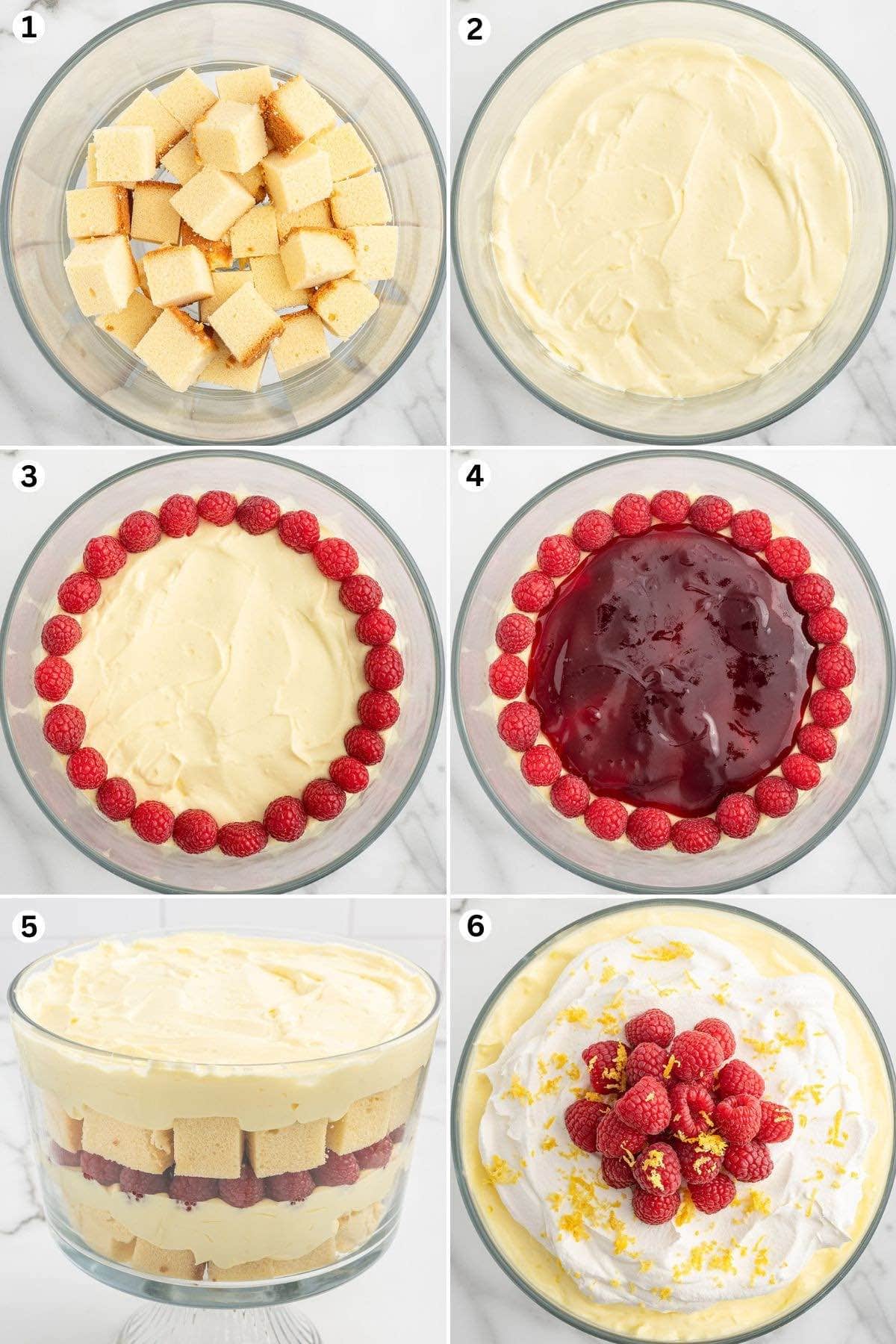 Place cubes of pound cake into the bottom of the trifle bowl. Add the pudding mixture. Arrange the raspberries in a circle around the outer edge of the bowl. Spread the jam in the middle over the pudding layer. Repeat the first and second step. Decorate with toppings.
