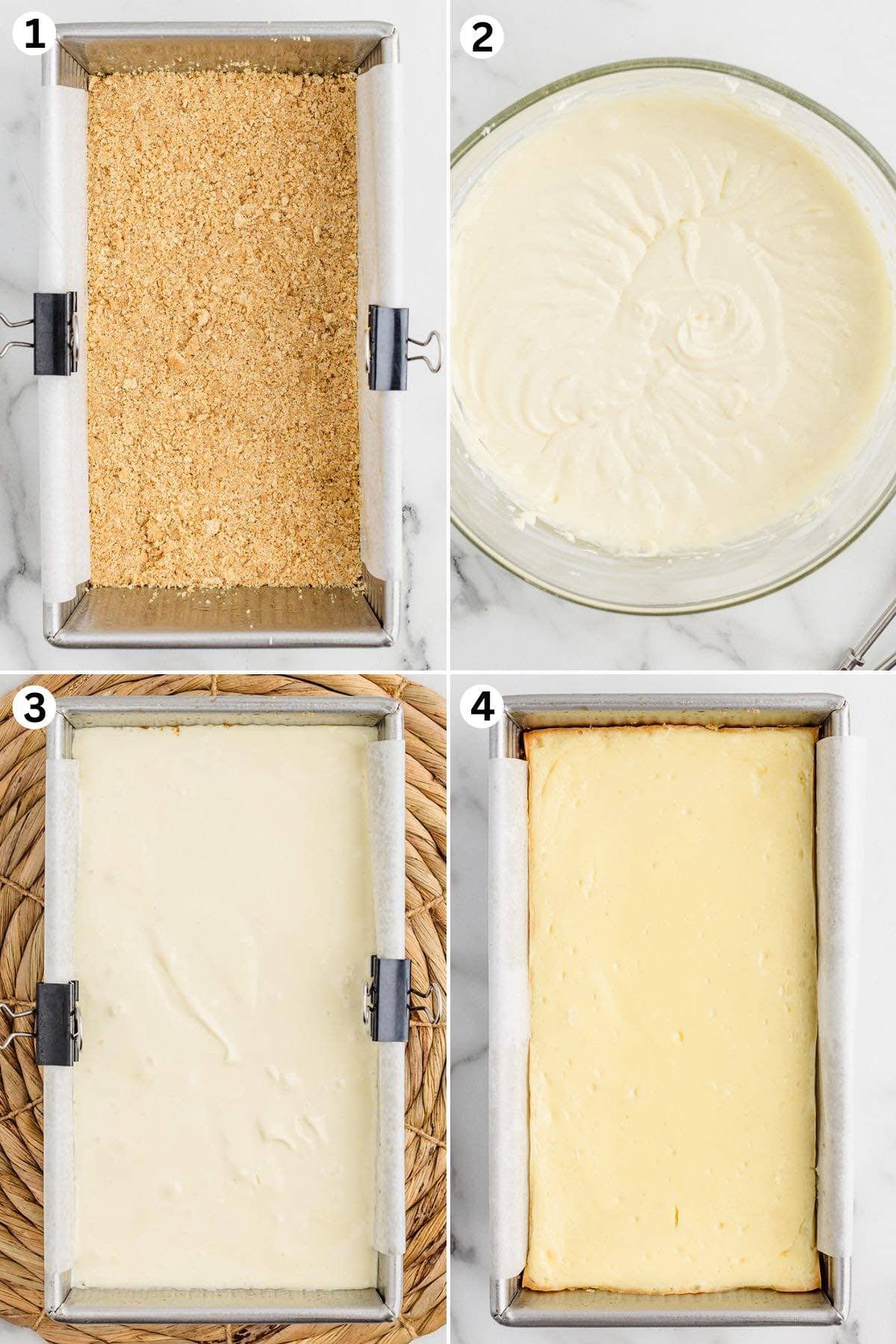 Press the crust mixture into the bottom of the loaf pan to form the crust. In a mixing bowl, mix all cheesecake ingredients. Pour the batter over the crust then bake. Chill the cheesecake.