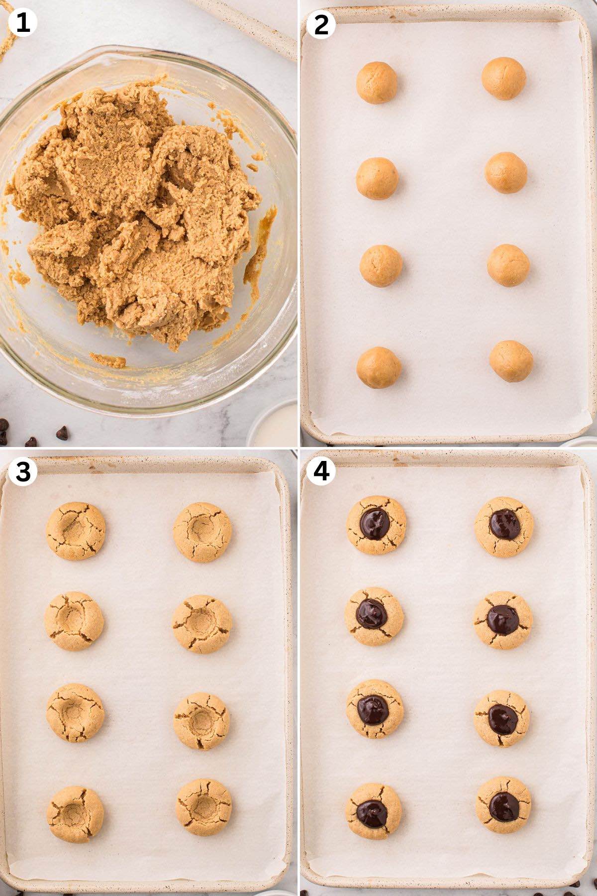 peanut butter mixture in a bowl. scoop and roll into balls and place on top of baking tray. Use a rounded teaspoon to indent each cookie. Fill each cookie with chocolate ganache. 