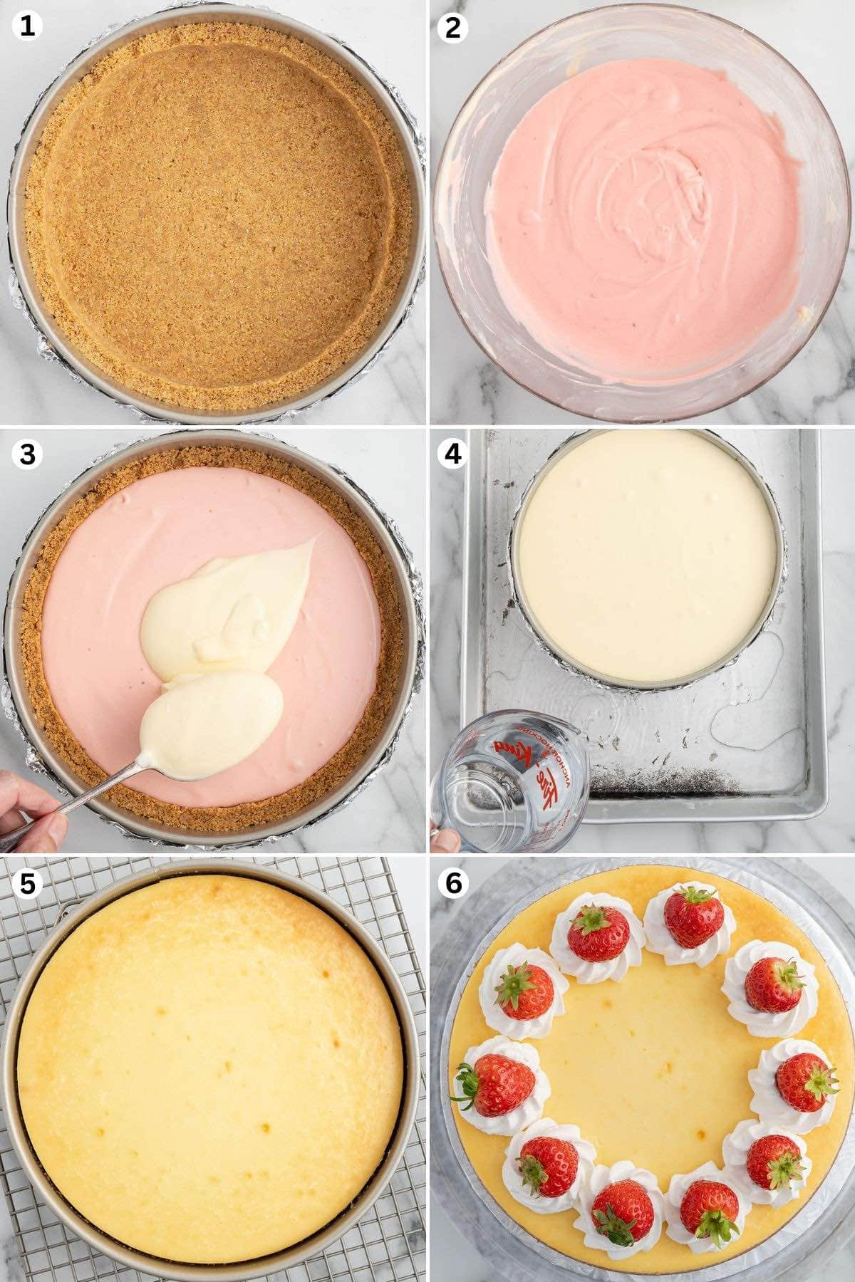 Create the crust. Prepare the cheesecake filling. Spread the strawberry-flavored cheesecake batter and top with the plain cheesecake batter. Water bath the cheesecake and bake. Garnish the cheesecake with whipped topping and strawberries.