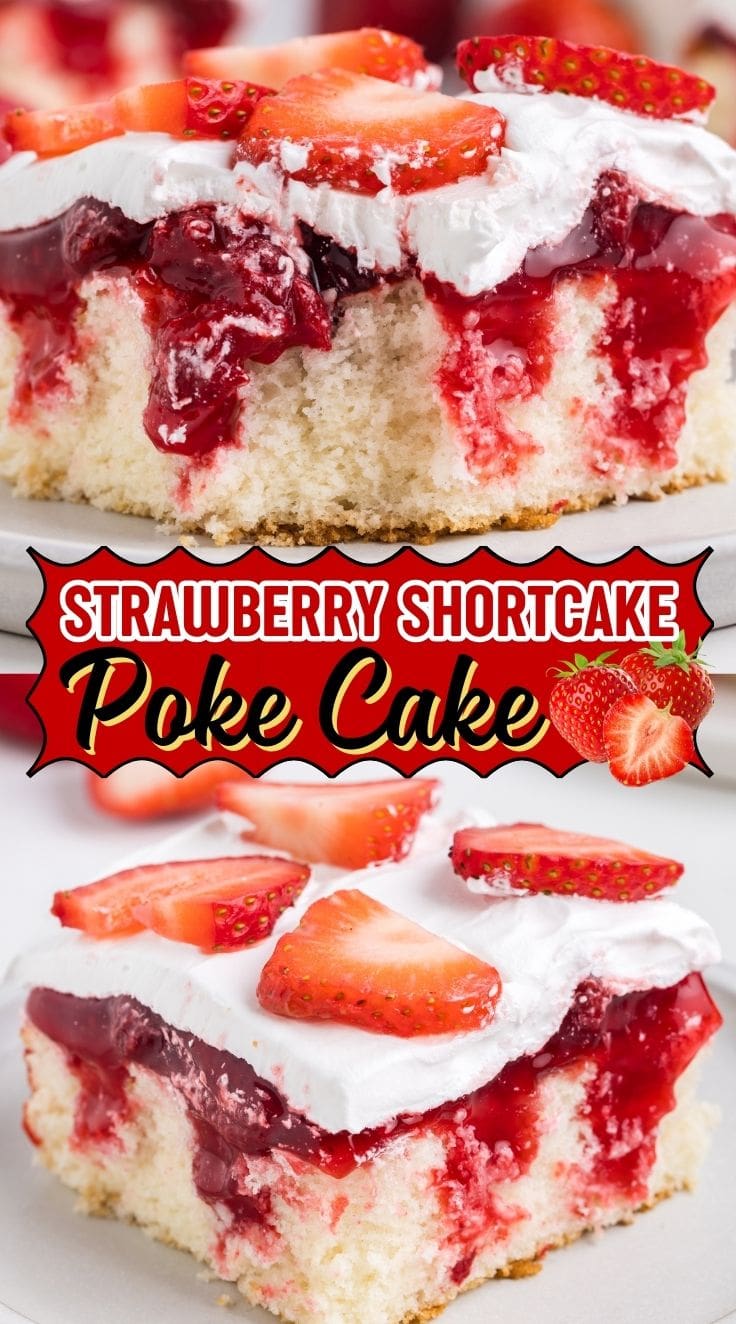 A slice of Strawberry Shortcake Poke Cake garnished with strawberry slices on a plate.