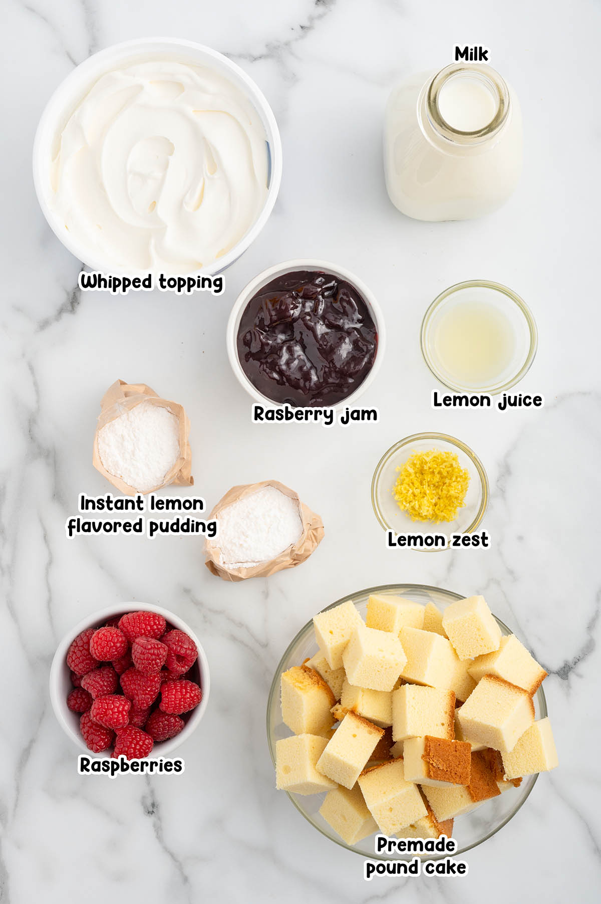 Lemon Raspberry Trifle ingredients.