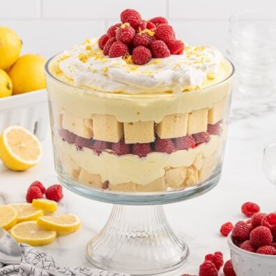 Lemon Raspberry Trifle in a trifle bowl.