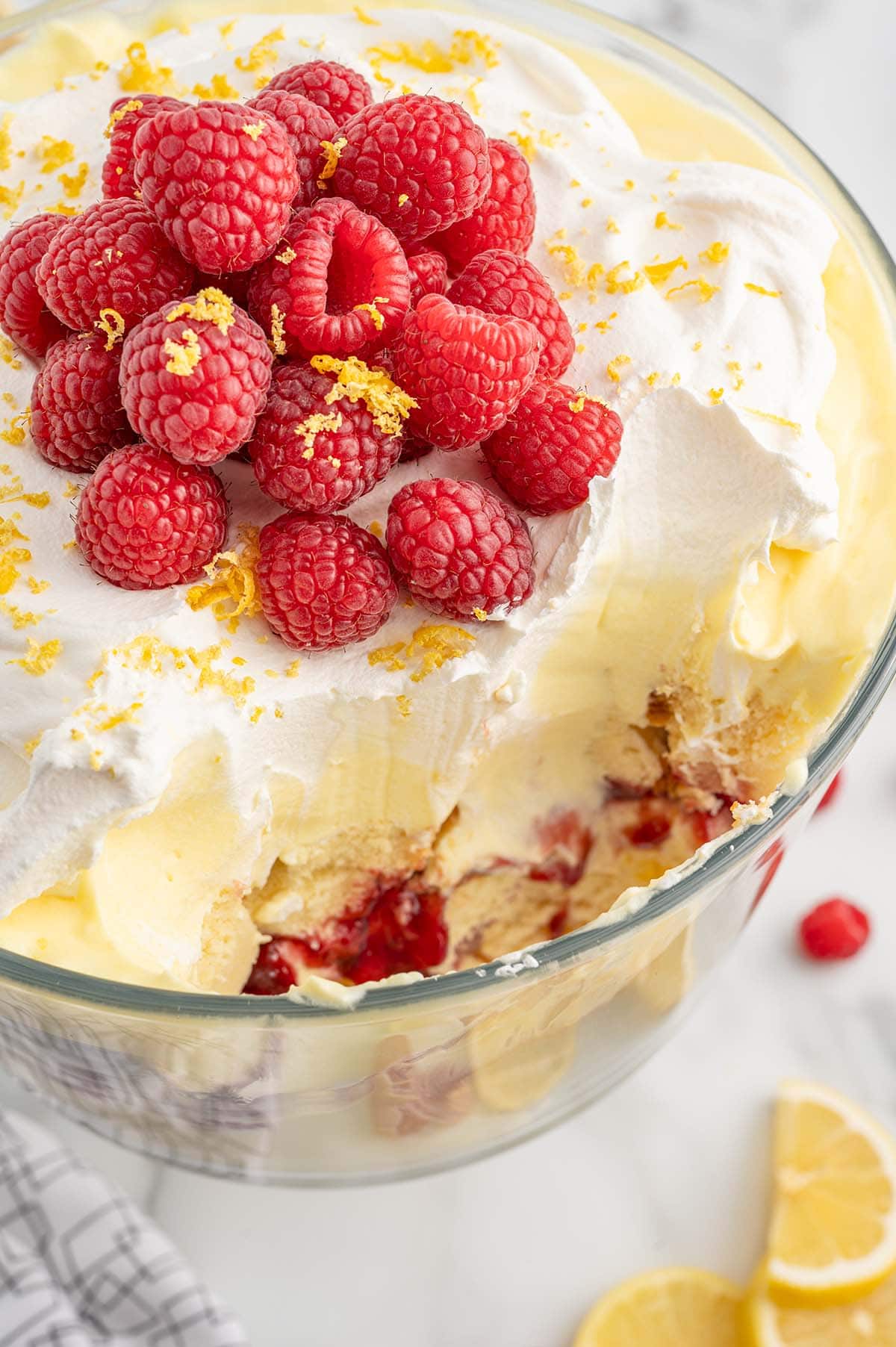 lemon raspberry trifle with pound cake and pudding mixture.