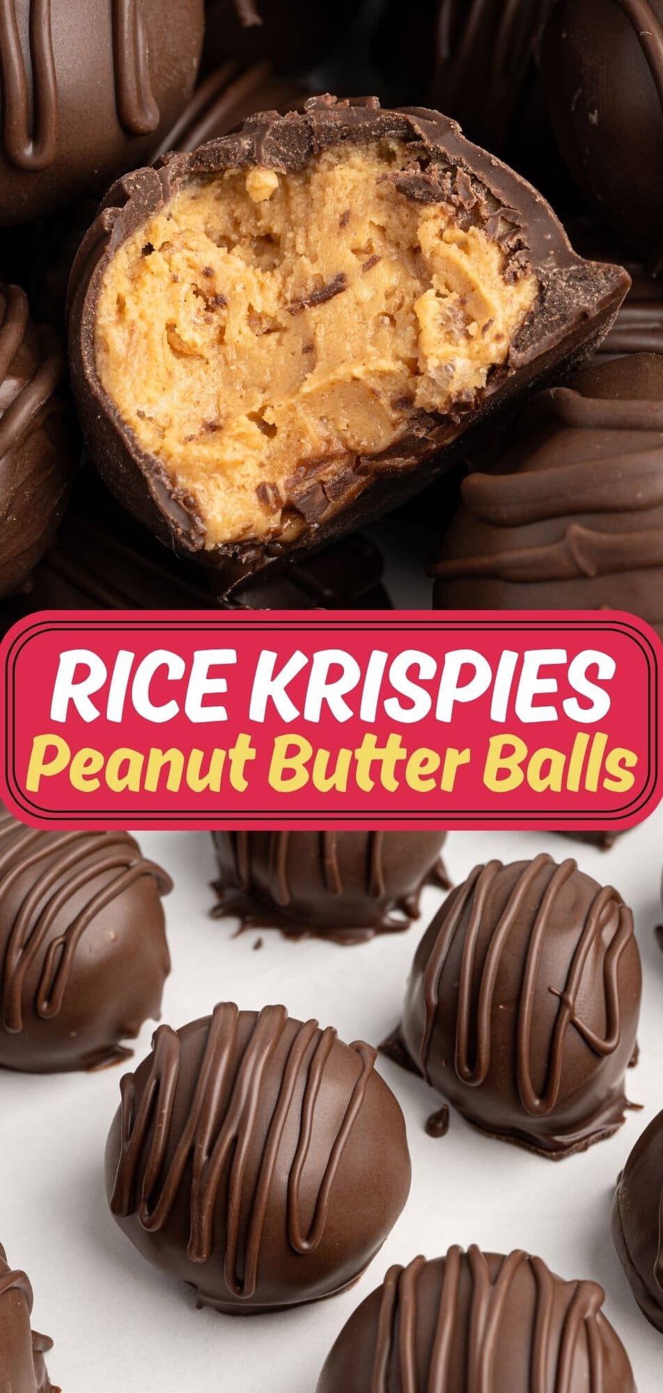 Chocolate-covered rice krispie peanut butter ball with a bite taken, showing the peanut butter filling.