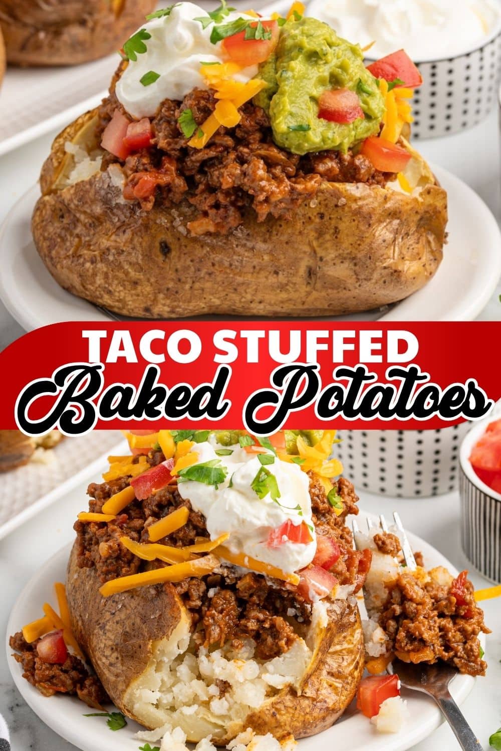 a loaded potato with ground beef, guacamole, sour cream, and toppings, plus a close-up being eaten with a fork.