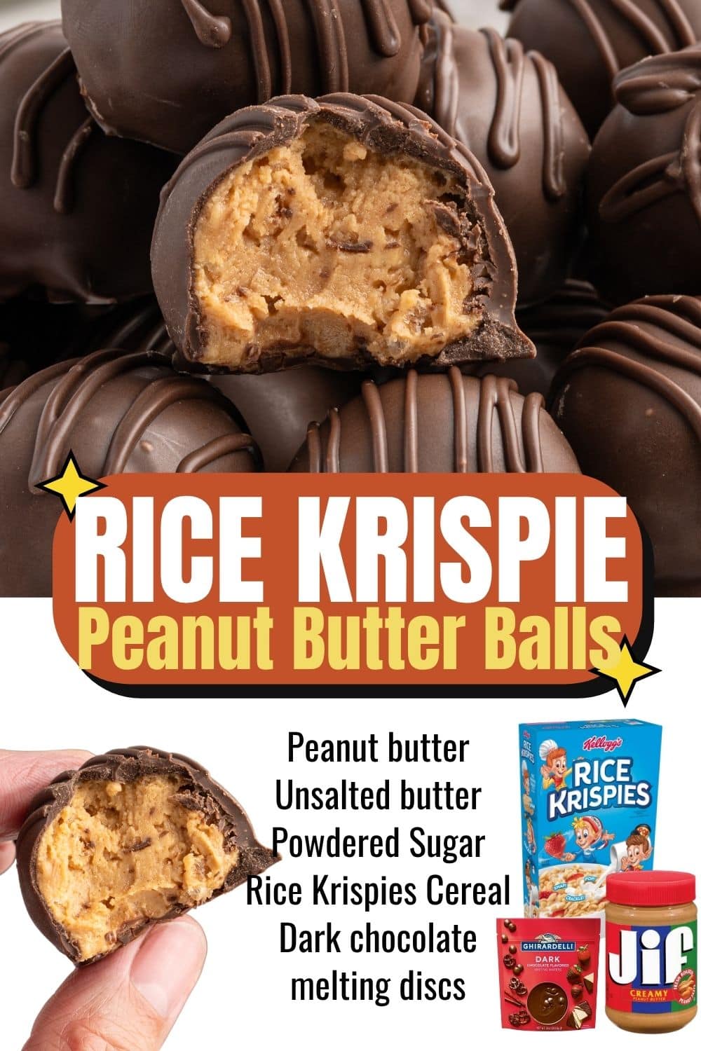 Rice krispie peanut butter balls with ingredient list, held in hand showing the bitten filling.