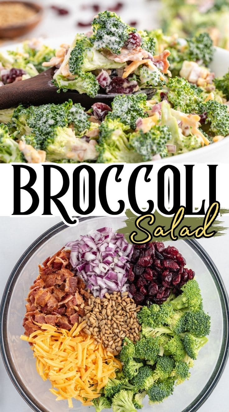 A spoon scooping out Broccoli Salad. Ingredients of Broccoli Salad inside a clear glass bowl.