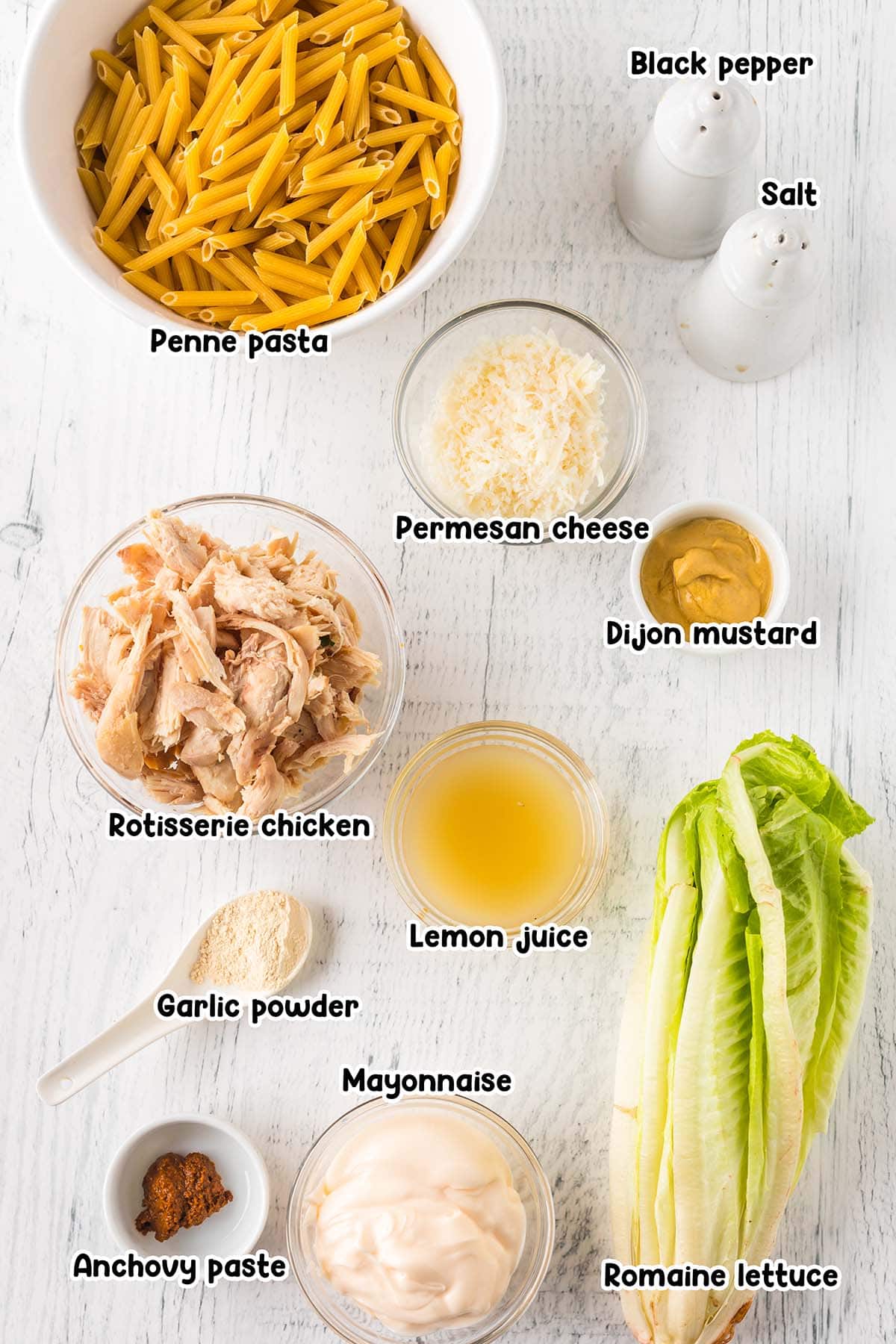 Chicken Caesar Pasta Salad ingredients.