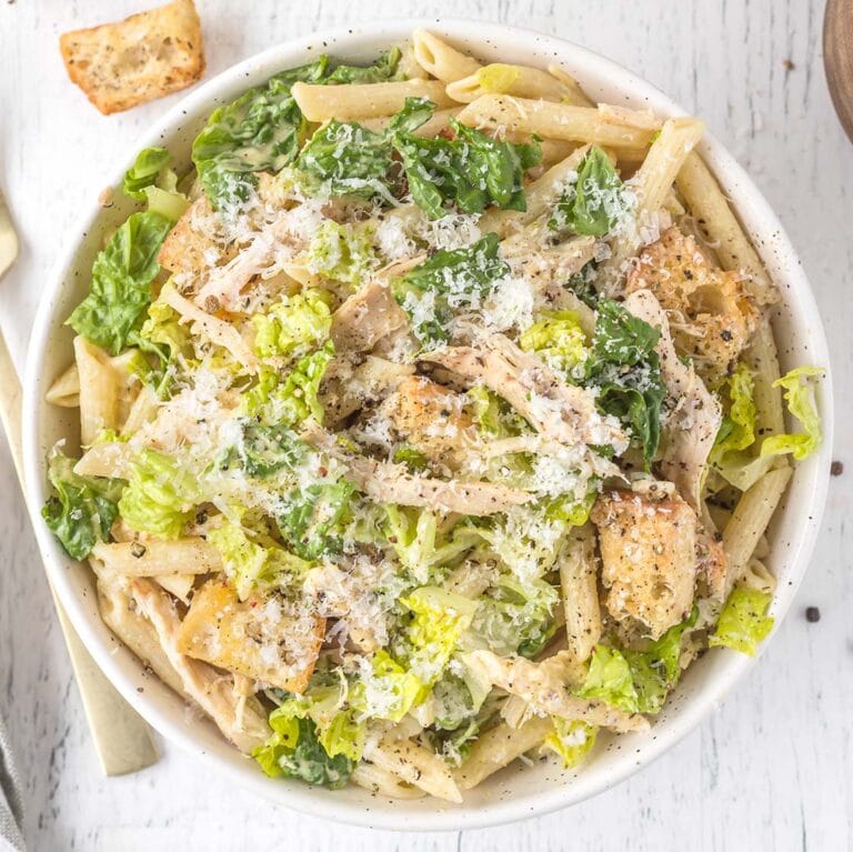 Chicken Caesar Pasta Salad in a large bowl.