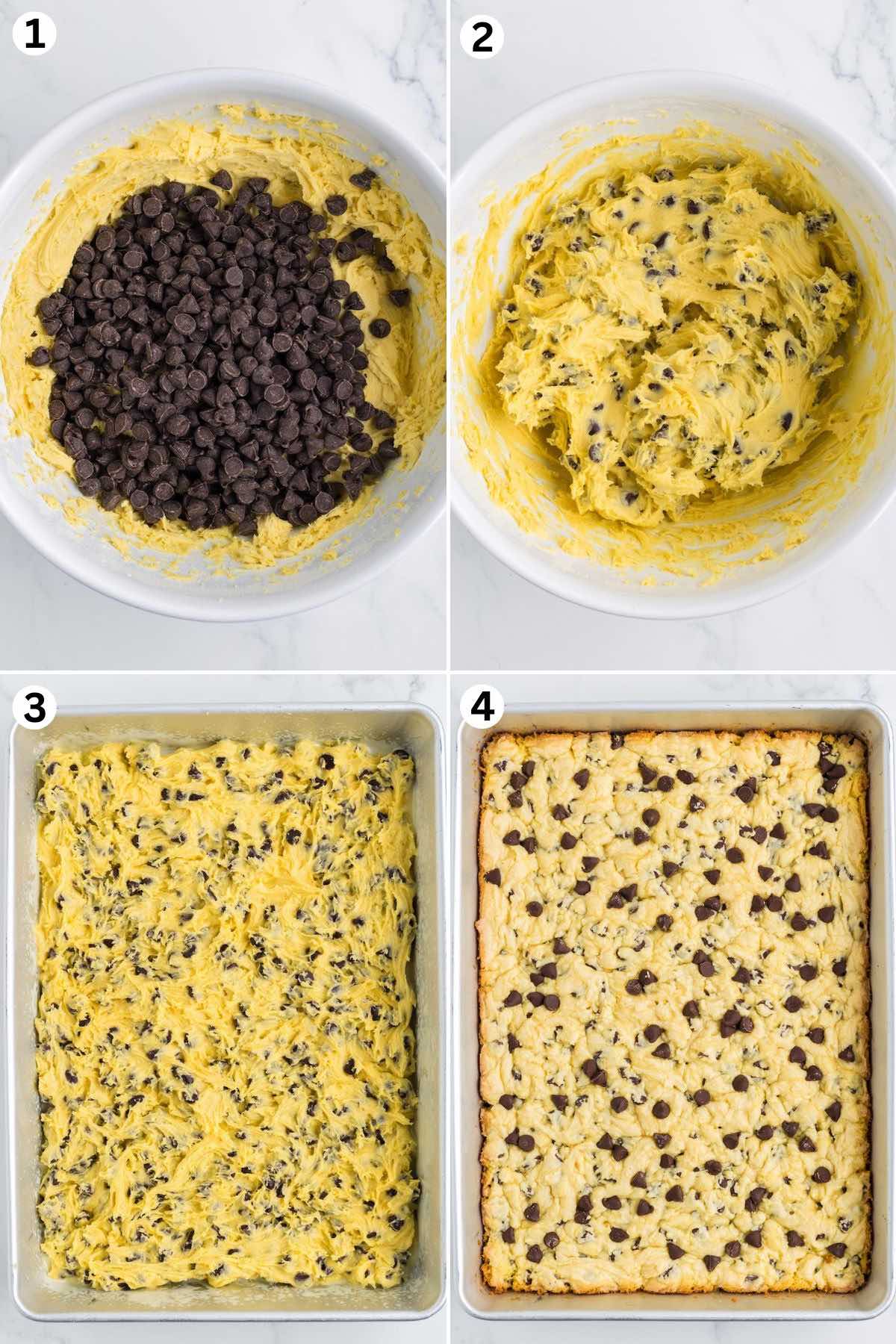 Create the cookie dough. Fold in the chocolate chips. Spread the batter into a greased cake pan. Bake.