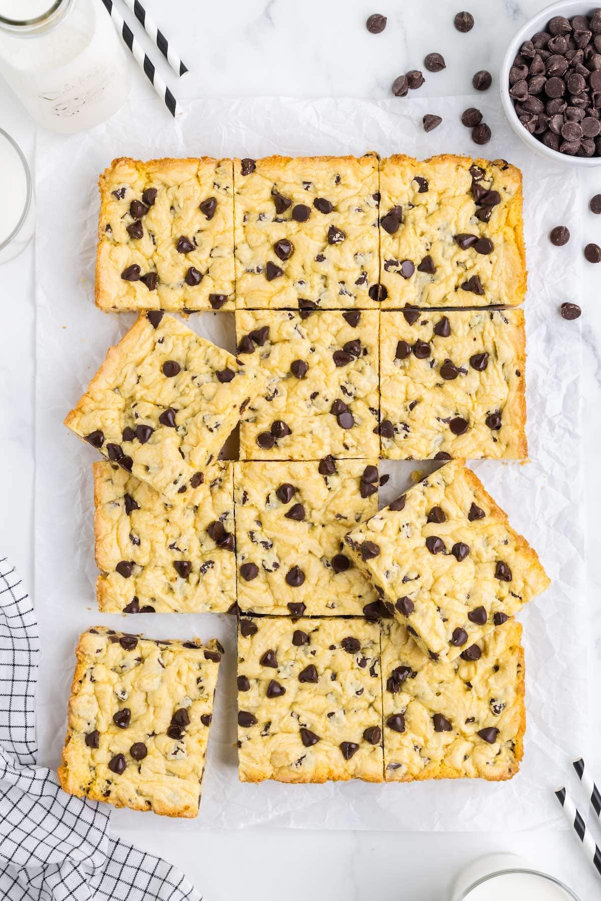 Cake Mix Chocolate Chip Cookie Bars cut into squares.