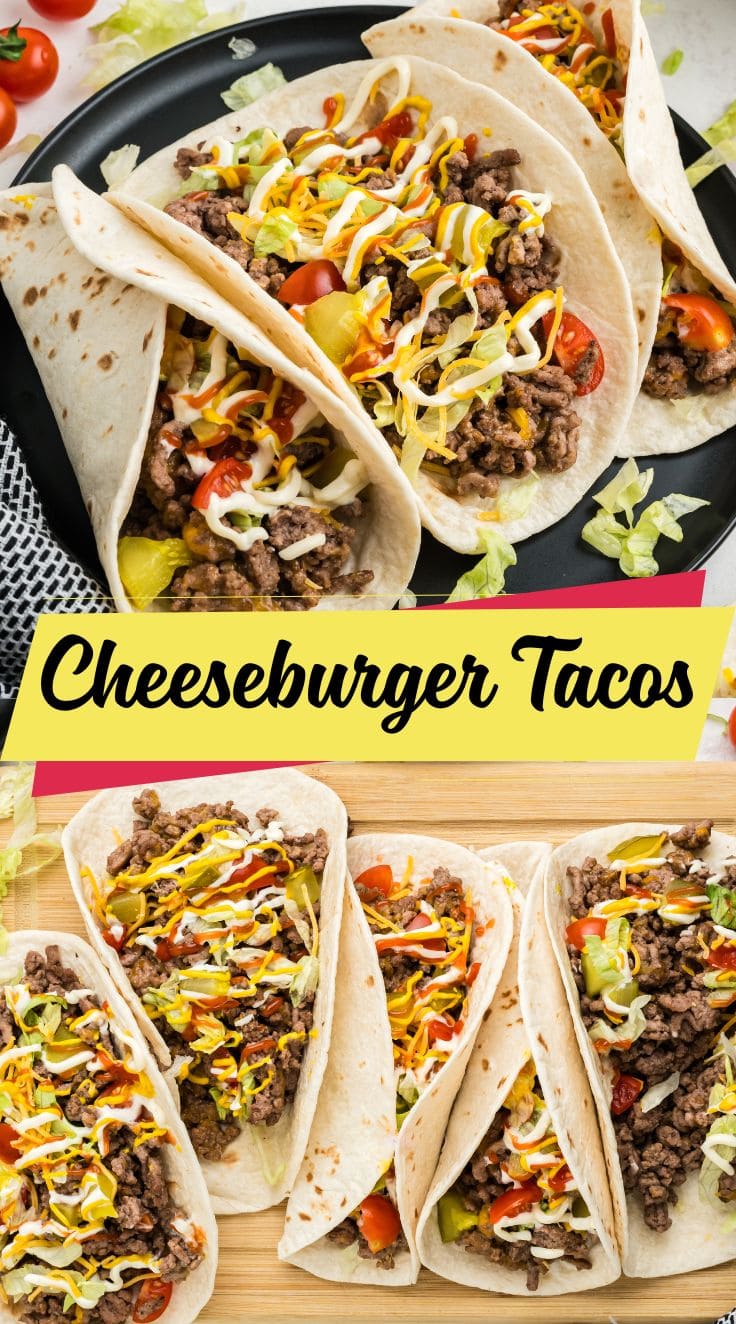 Three Cheeseburger Tacos loaded with seasoned ground beef served on a black plate. Five Cheeseburger Tacos laid side by side.