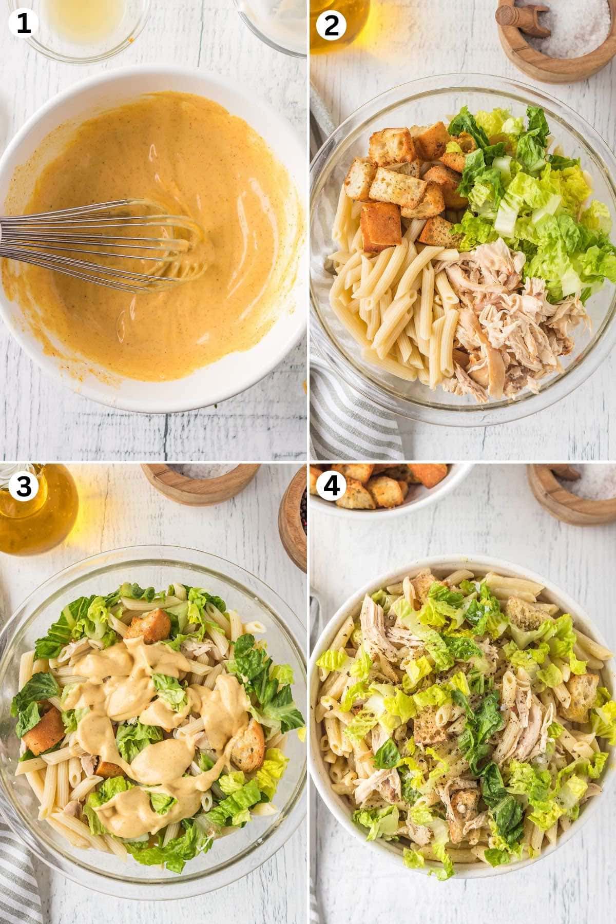 Prepare the dressing. In a mixing bowl, combine the cooked pasta, rotisserie chicken, Romaine lettuce, and croutons. Pour the Caesar dressing over salad. Garnish with grated Parmesan cheese and black pepper.