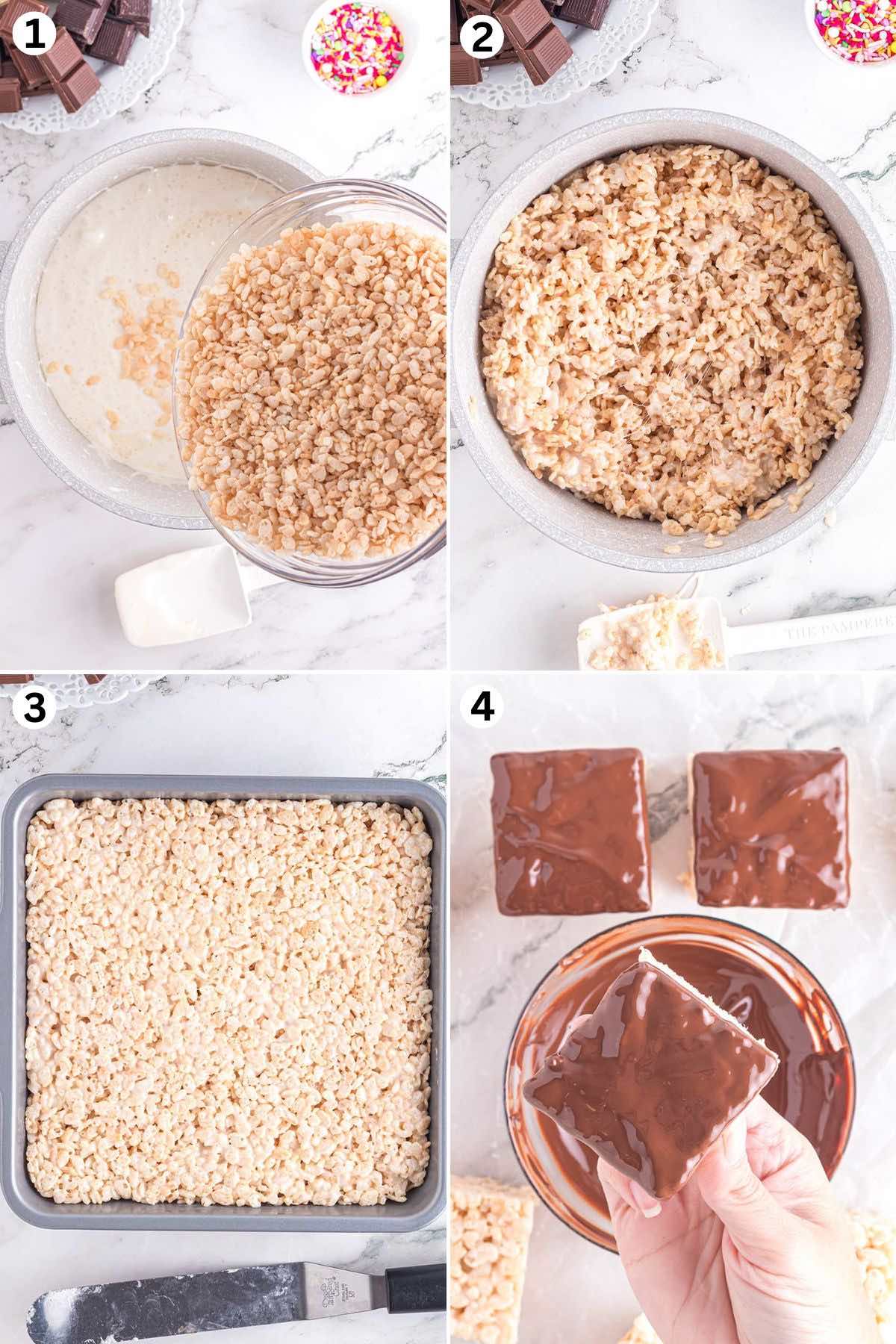 Add the Rice Krispies cereal to the marshmallow mixture.  Press the mixture into the pan. Cut and dip in the melted chocolate.