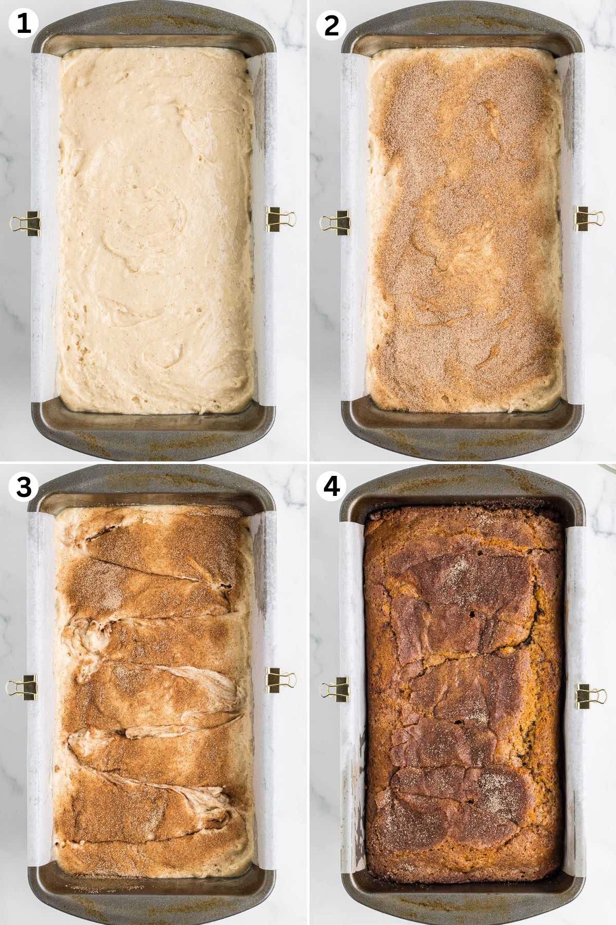 cinnamon bread mixture in a loaf pan. sprinkle cinnamon sugar mixture on top. swirl it around with a knife and bake.