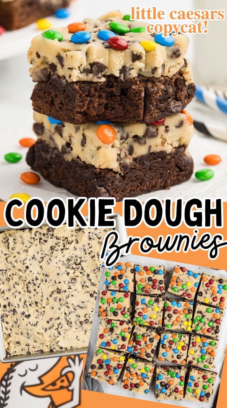 2 pieces of Cookie Dough Brownies topped with m&m on a white surface.