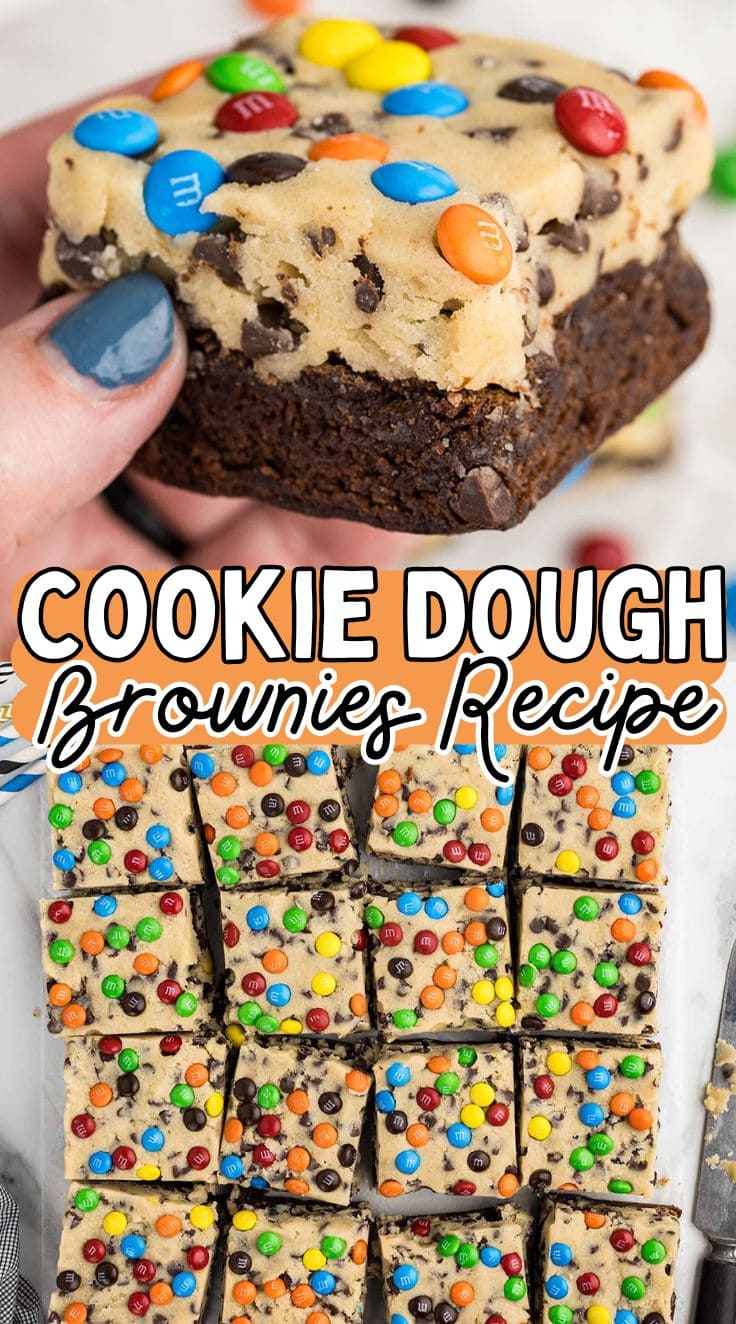 One hand holding a piece of Cookie Dough Brownies. Sliced Cookie Dough Brownies ready to be served.