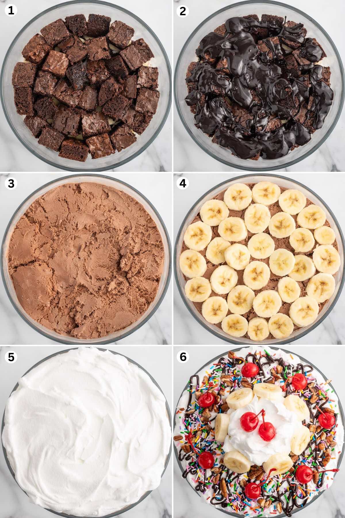 Assemble the brownie cubes at the bottom of a trifle dish. Drizzle the hot fudge. Add the chocolate ice cream. Add the sliced banana. Spread the whipped topping. Drizzle chocolate sauce then add the remaining banana and cherries.