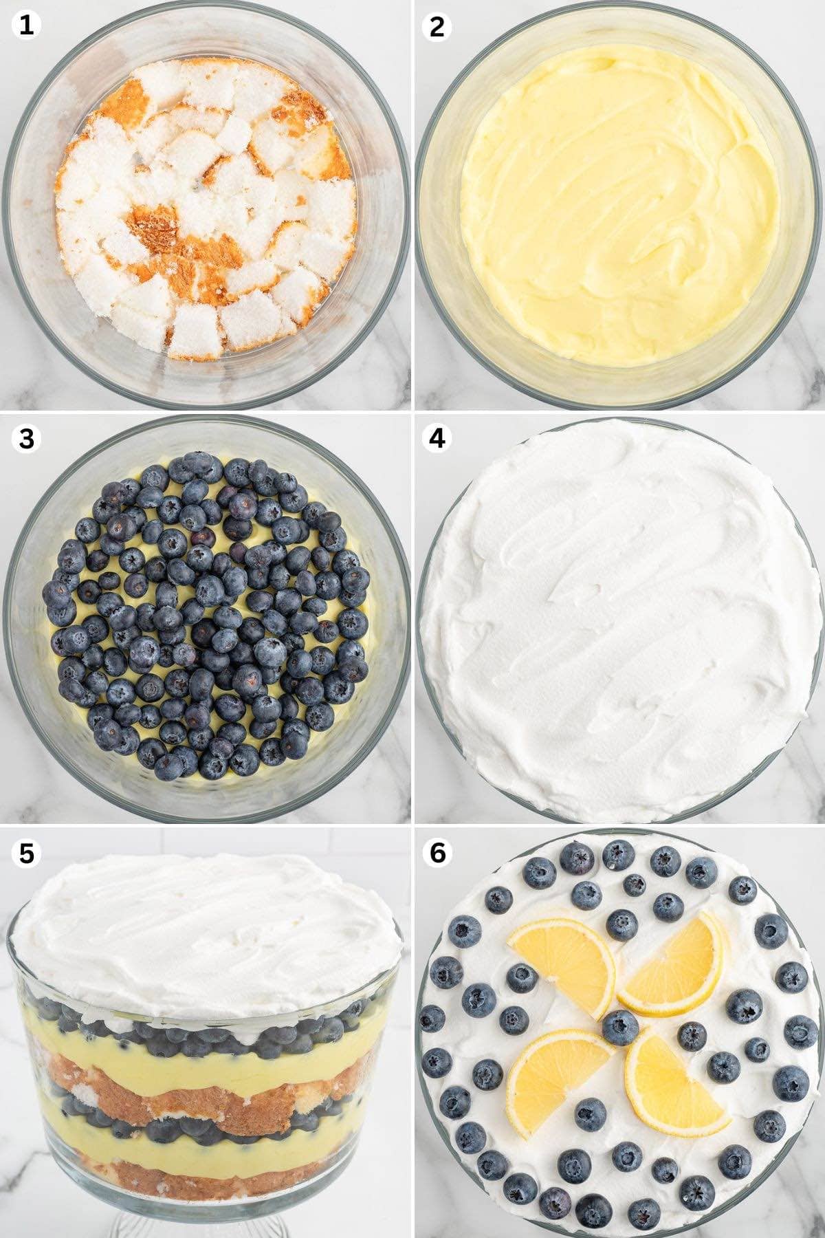 Place cubes of cake into the bottom of the trifle bowl. Add the pudding mixture. Sprinkle the blueberries. Repeat the layers.Spread the whipped topping over the top berry layer and decorate.