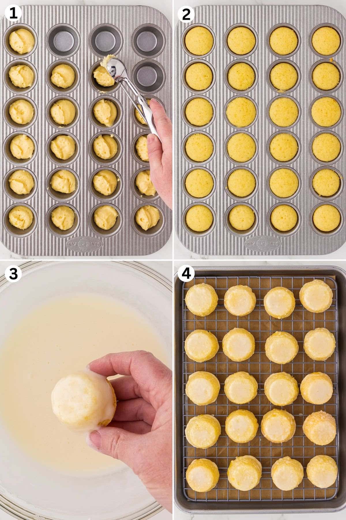 Fill each mini muffin cup with batter and bake. drop into the glaze and place in cooling rack.