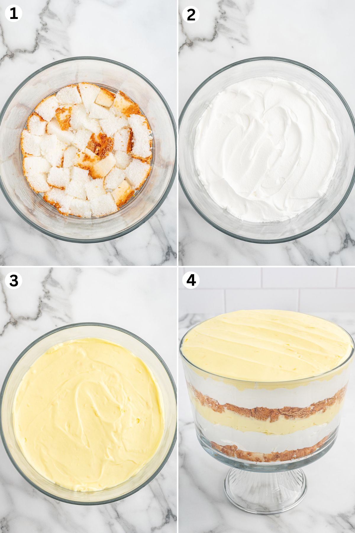 In a trifle bowl, assemble the cake cubes at the bottom. Add the whipped topping. Then spread the pudding mixture. Repeat steps and chill. 