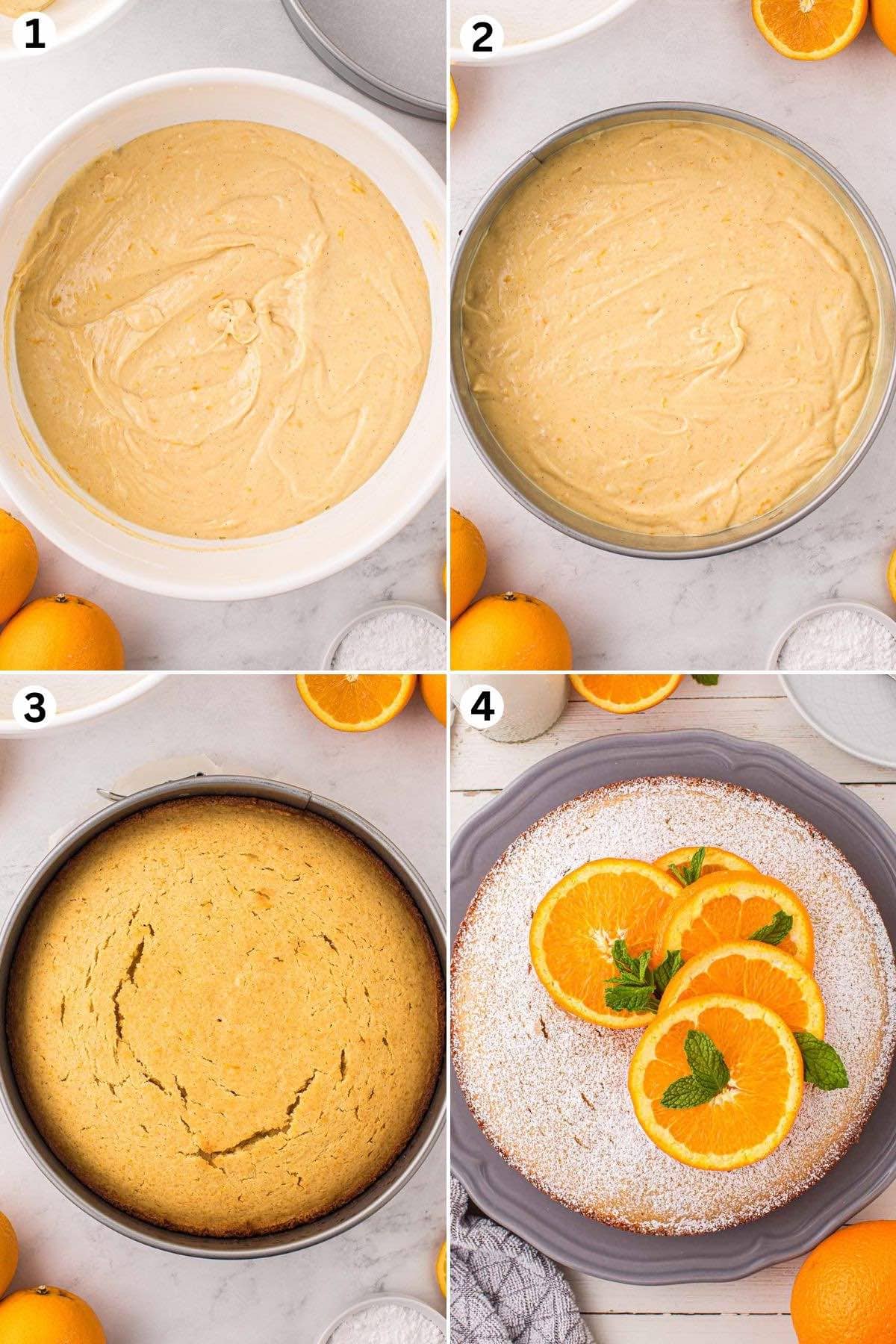 In a bowl mix the ingredients to make th cake batter. Bake the batter. Sprinkle powdered sugar and add orange slices on top
