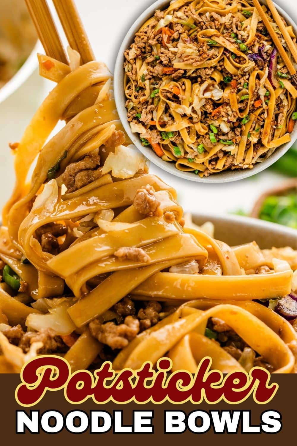 A pair of chopsticks digging into Potsticker Noodle Bowls