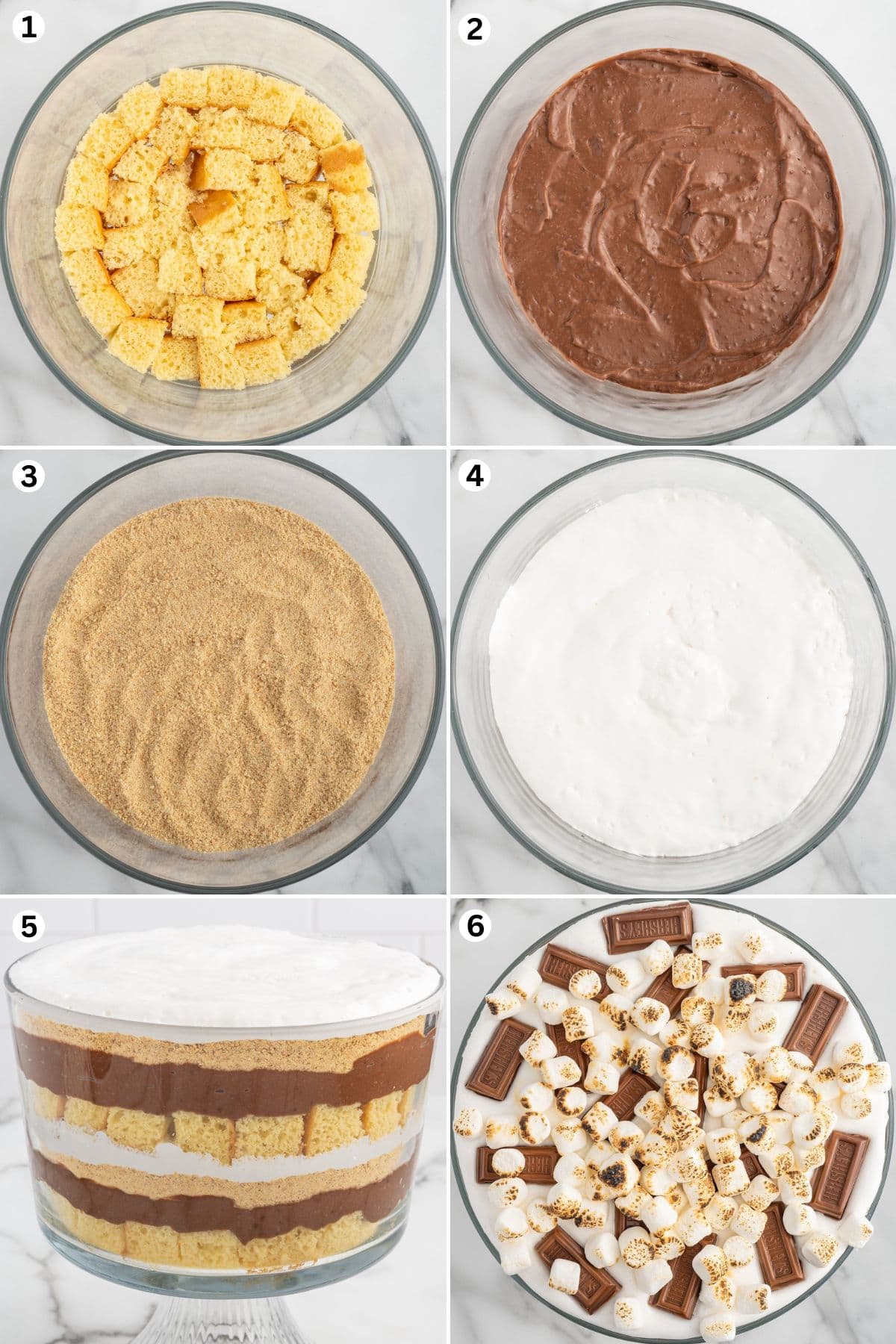 Create a single layer of cake cubes at the bottom. Add the chocolate pudding. Spread graham cracker crumbs over the pudding layer. Add marshmallow creme. Repeat the 1 to 4 steps. Arrange the candy bar pieces, marshmallow creme and toasted mini marshmallows.
