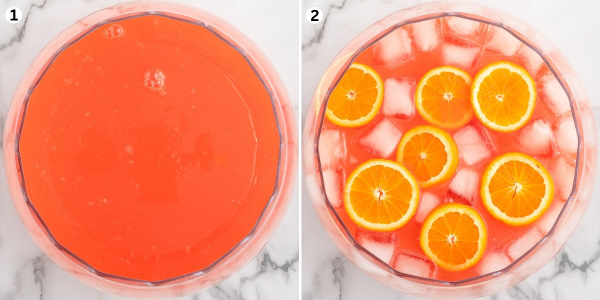 In a large punch bowl, stir in the orange juice, lemon-lime soda, and grenadine syrup. Add ice then garnish the surface with orange slices and maraschino cherries.